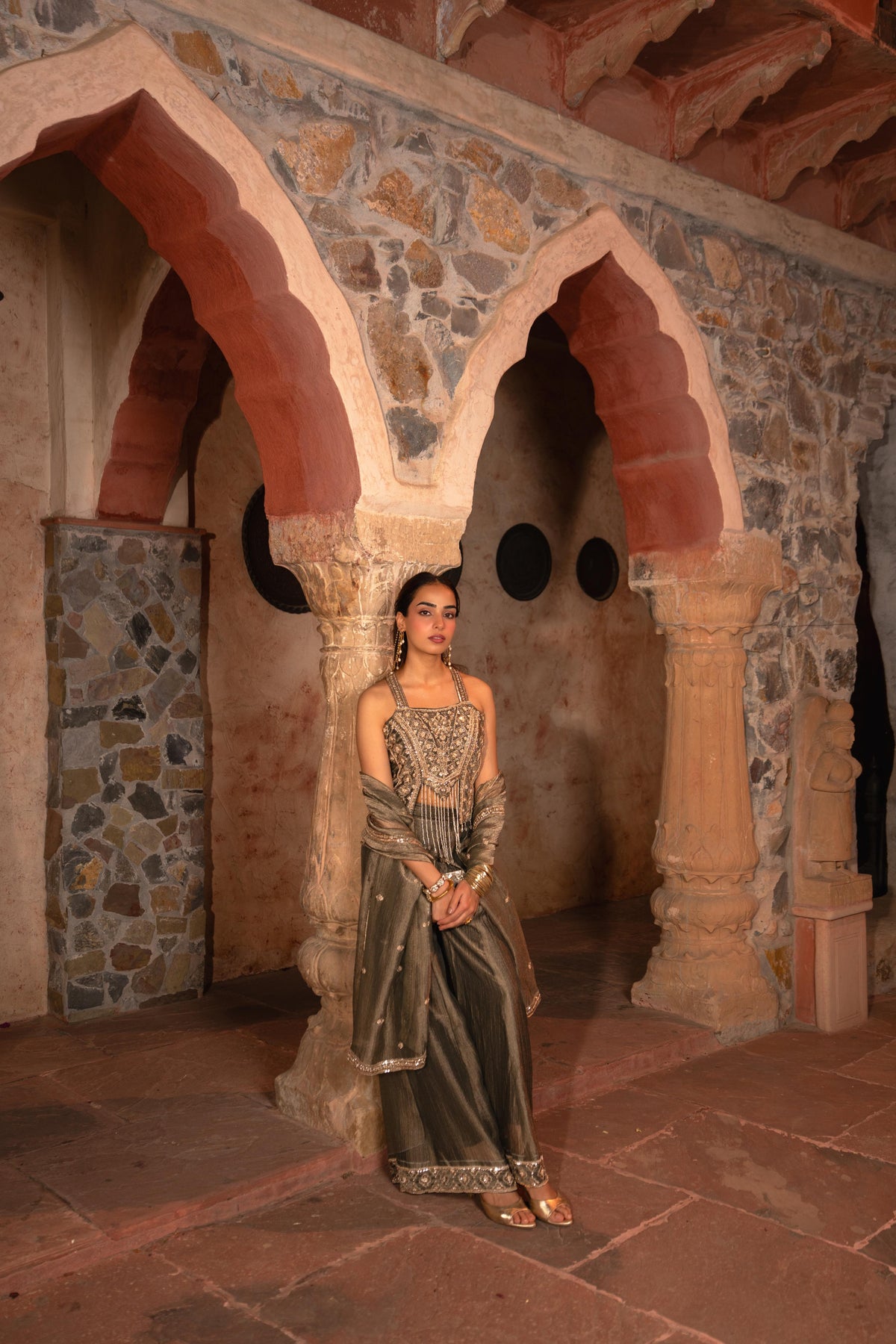 Antique Olive Embellished Shimmer Tissue Silk Palazzo Set