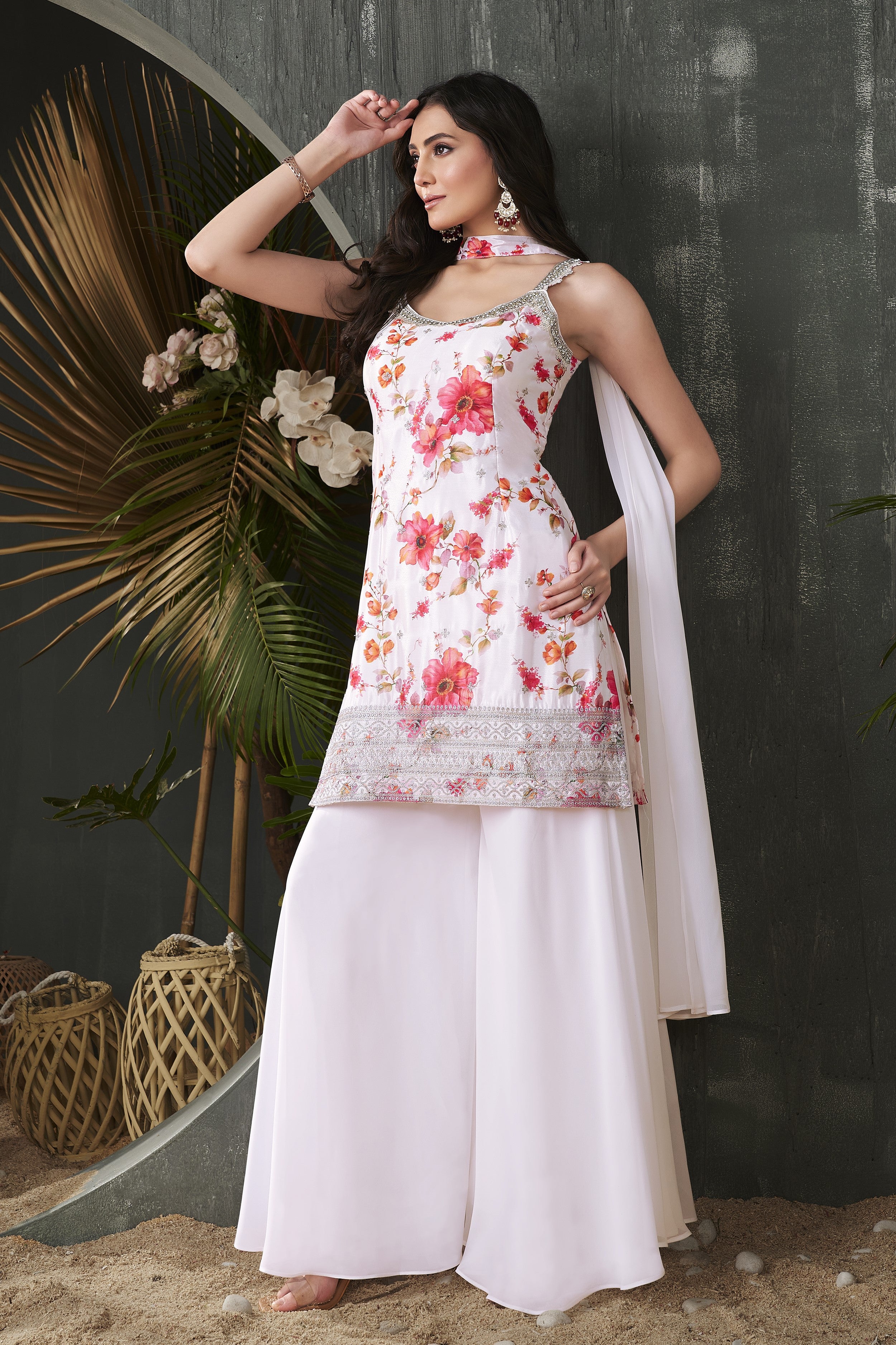 White Floral Palazzo Set
