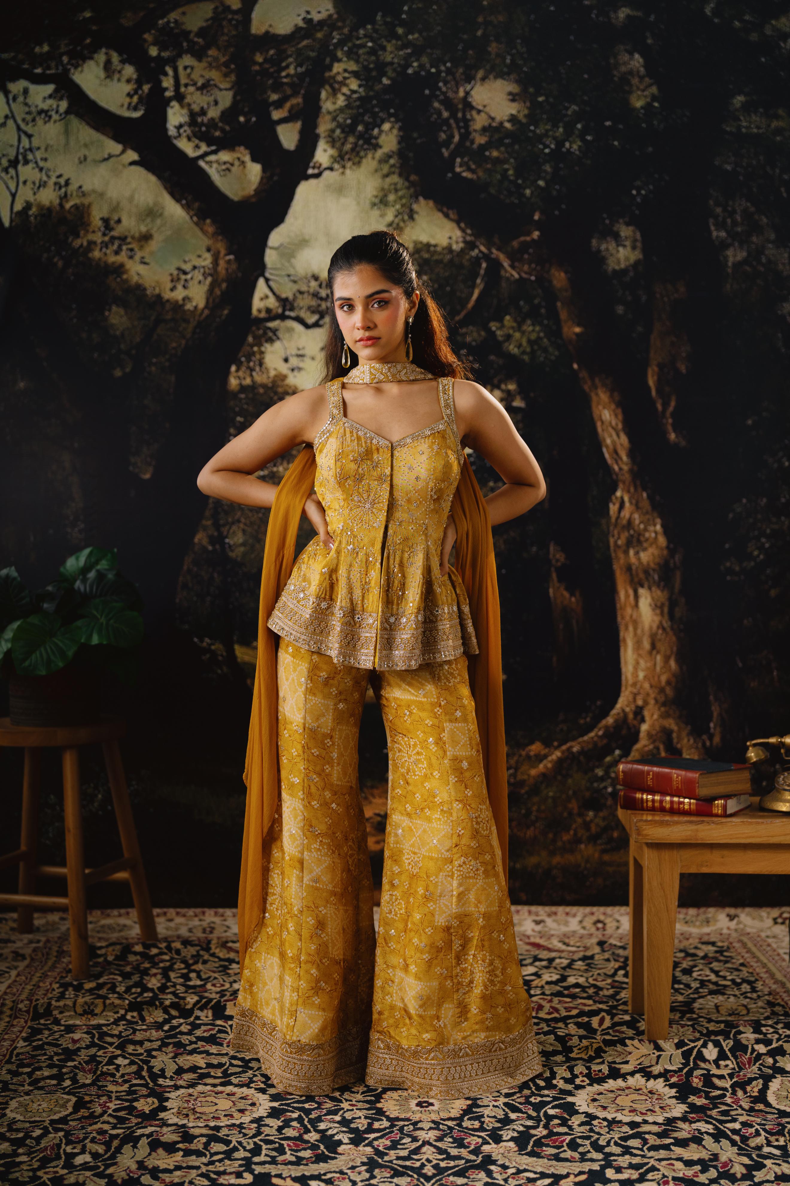 Mustard Yellow Embroidered Peplum Palazzo Set