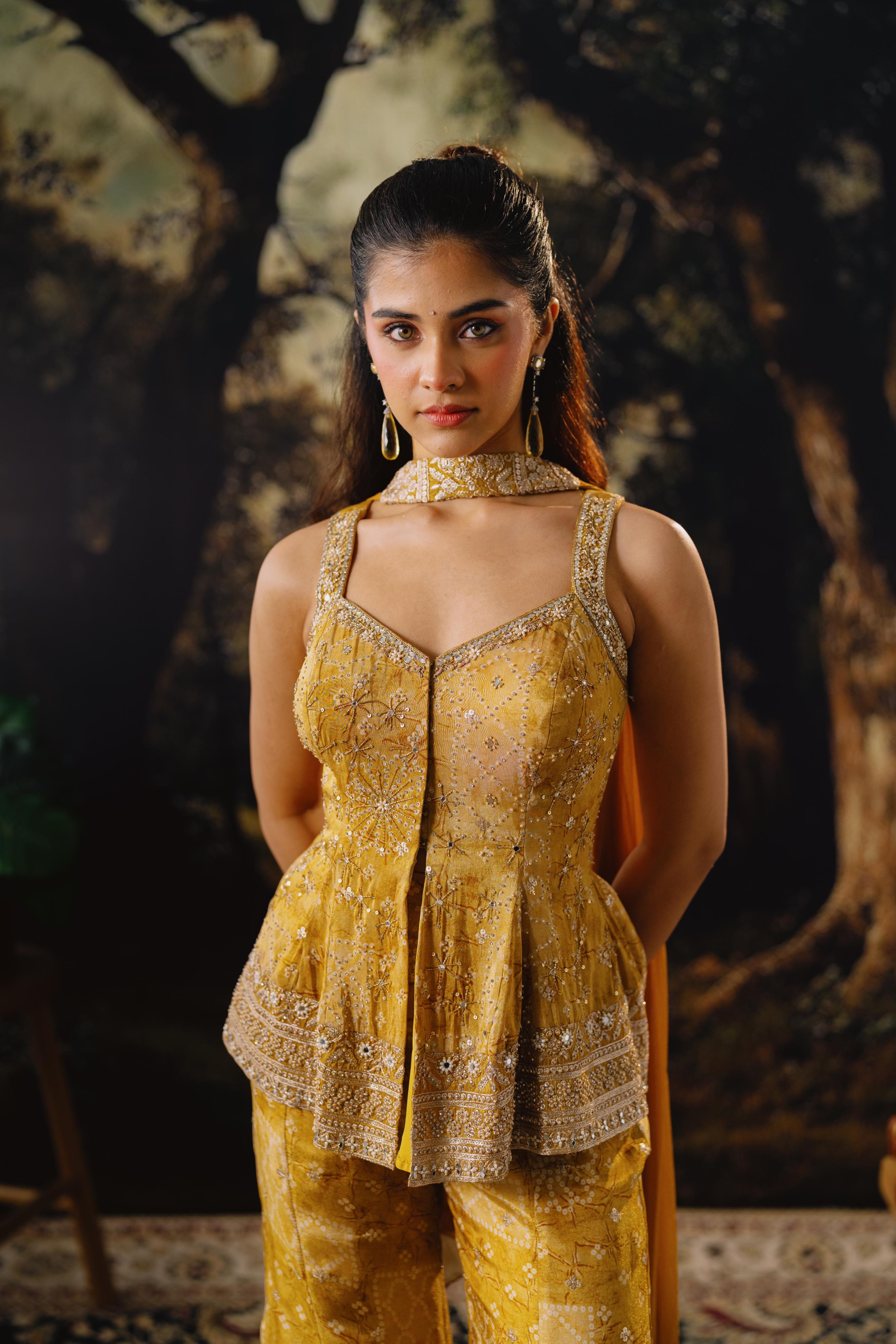 Mustard Yellow Embroidered Peplum Palazzo Set