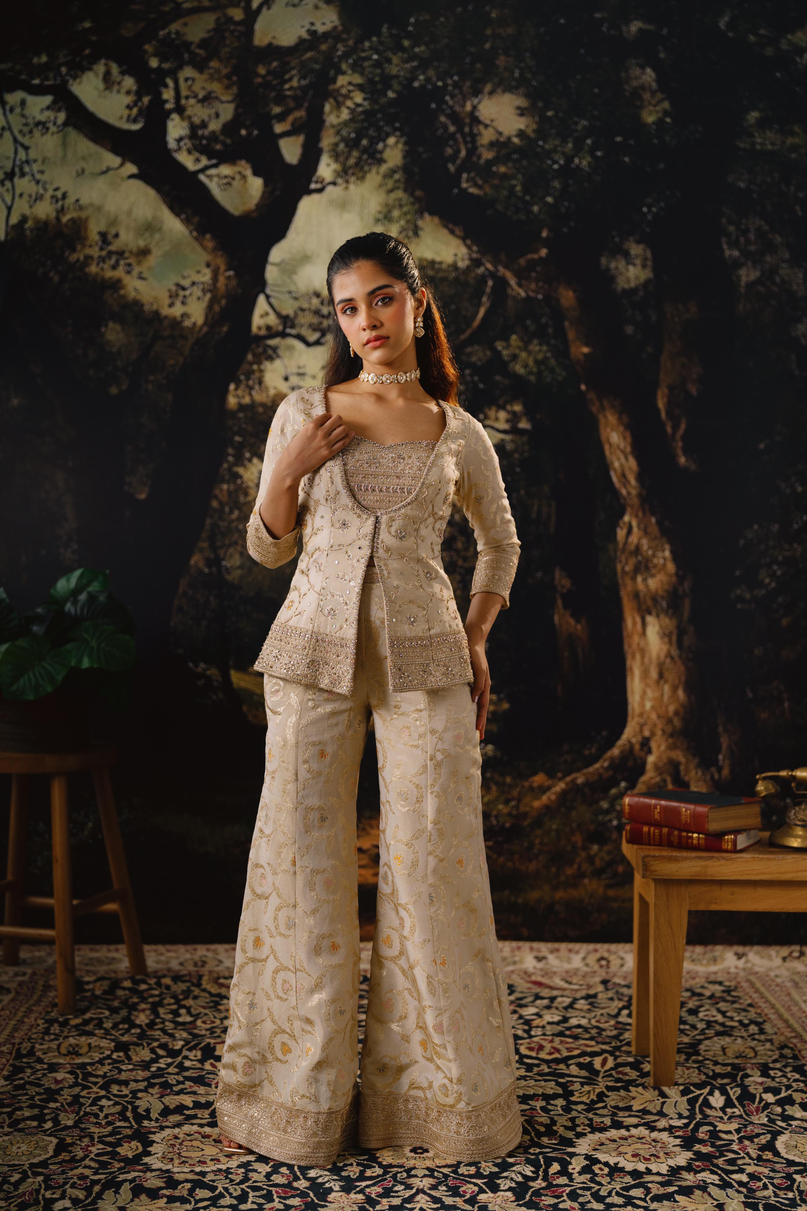 Champagne Gold Embroidered Jacket Palazzo Set