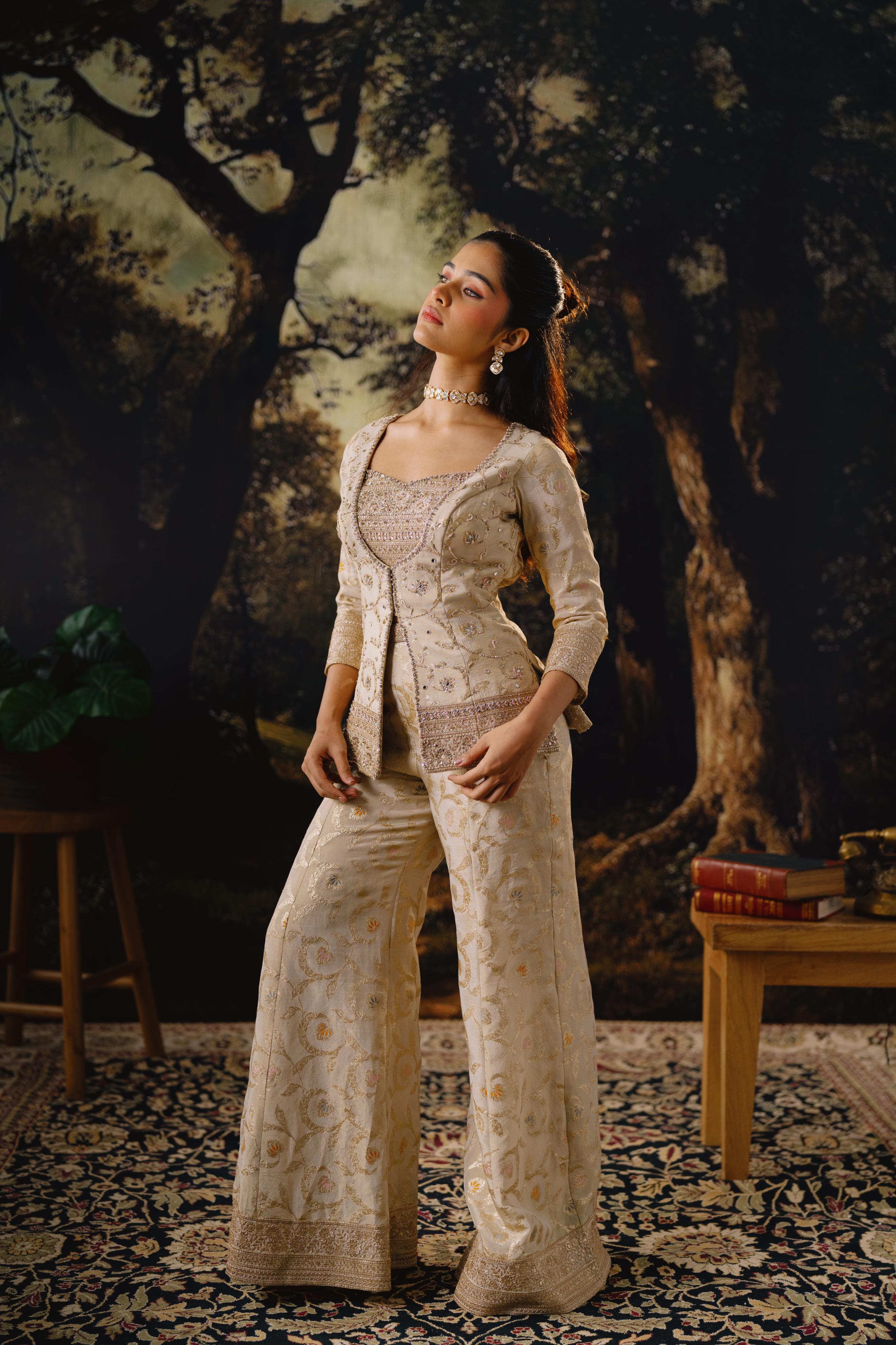 Champagne Gold Embroidered Jacket Palazzo Set