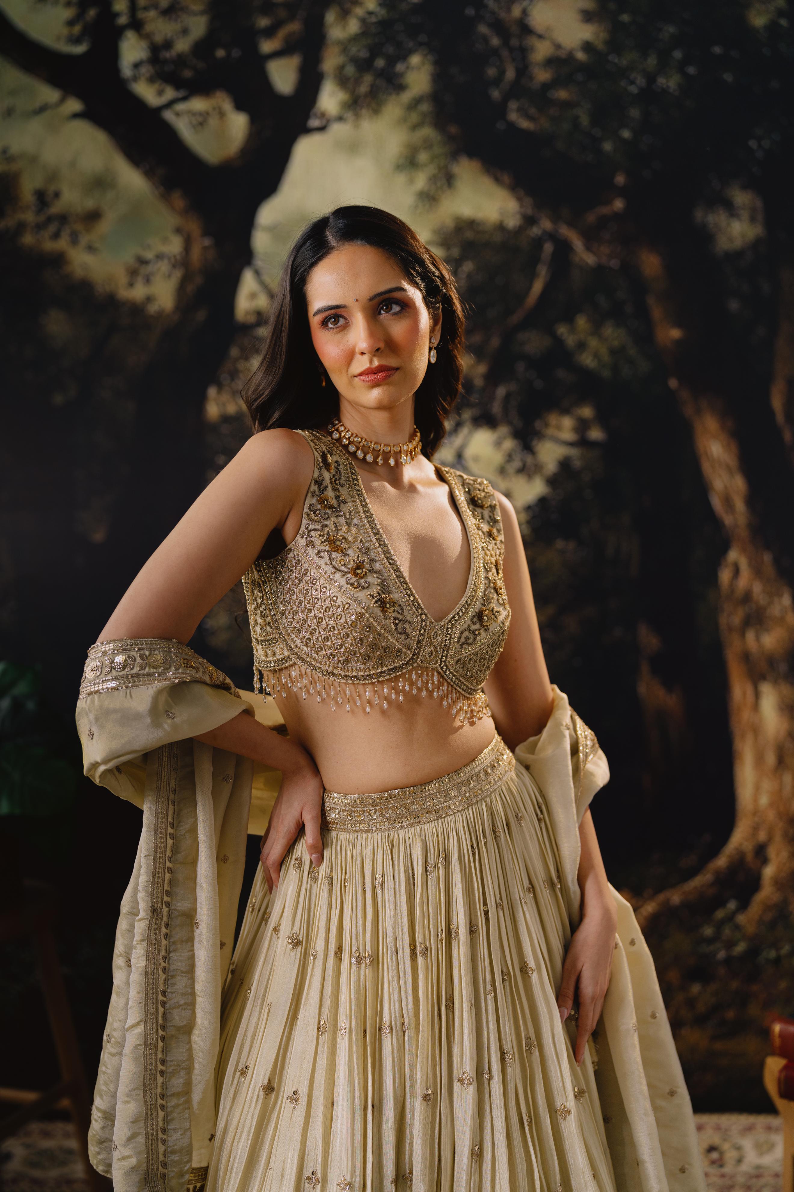 Champagne Embellished Muslin Silk Lehenga Set
