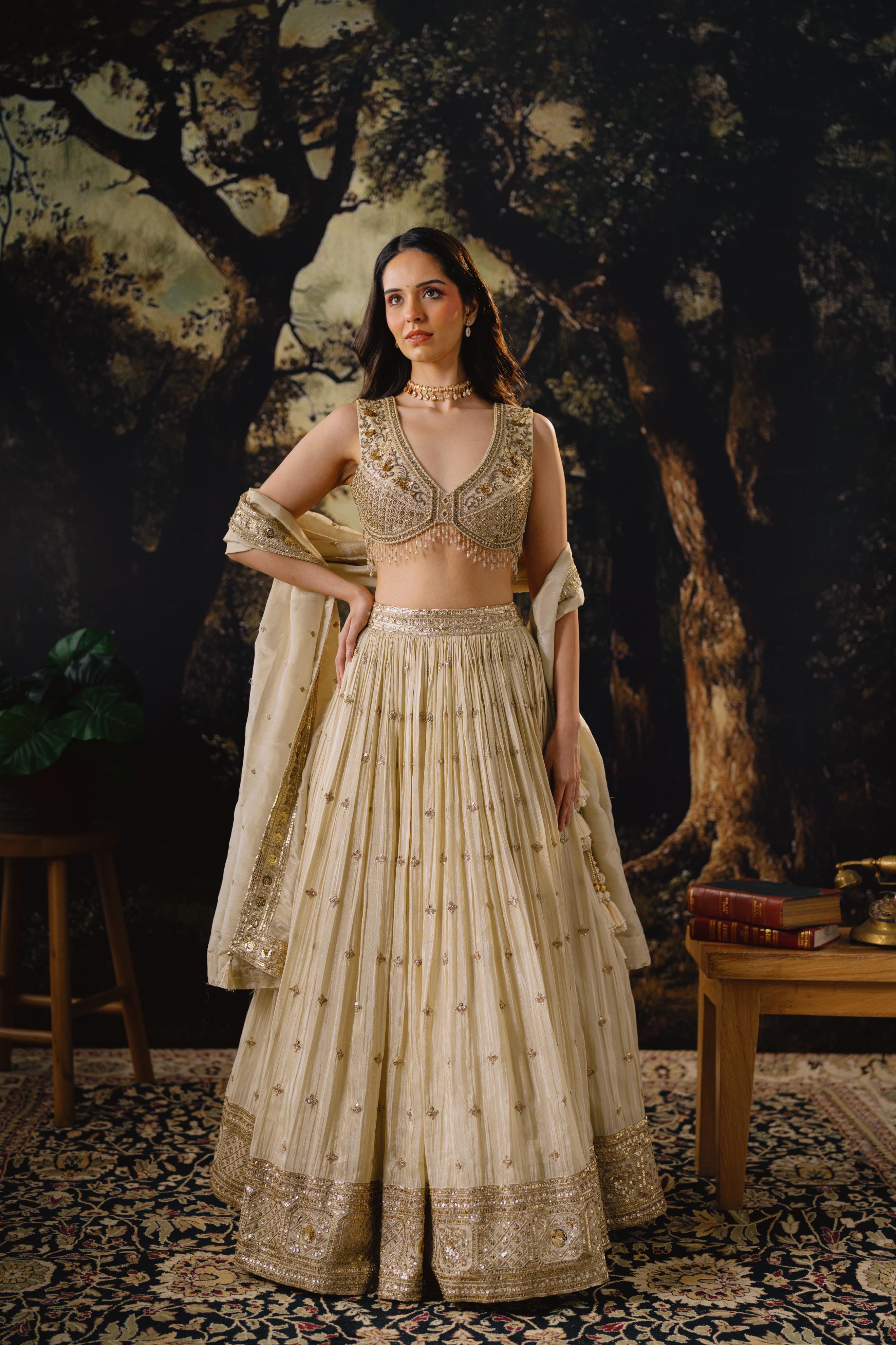 Champagne Embellished Muslin Silk Lehenga Set