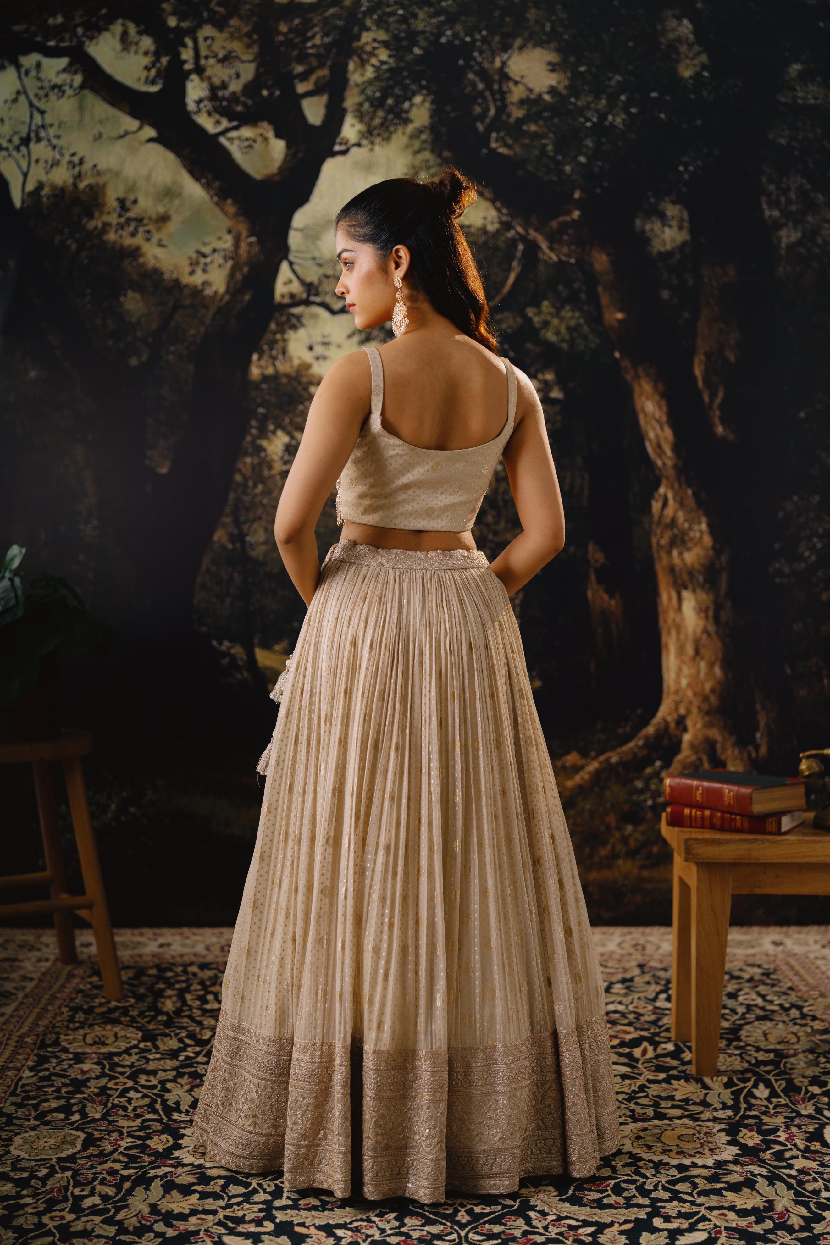Champagne Embellished Lehenga Set with Short Cape