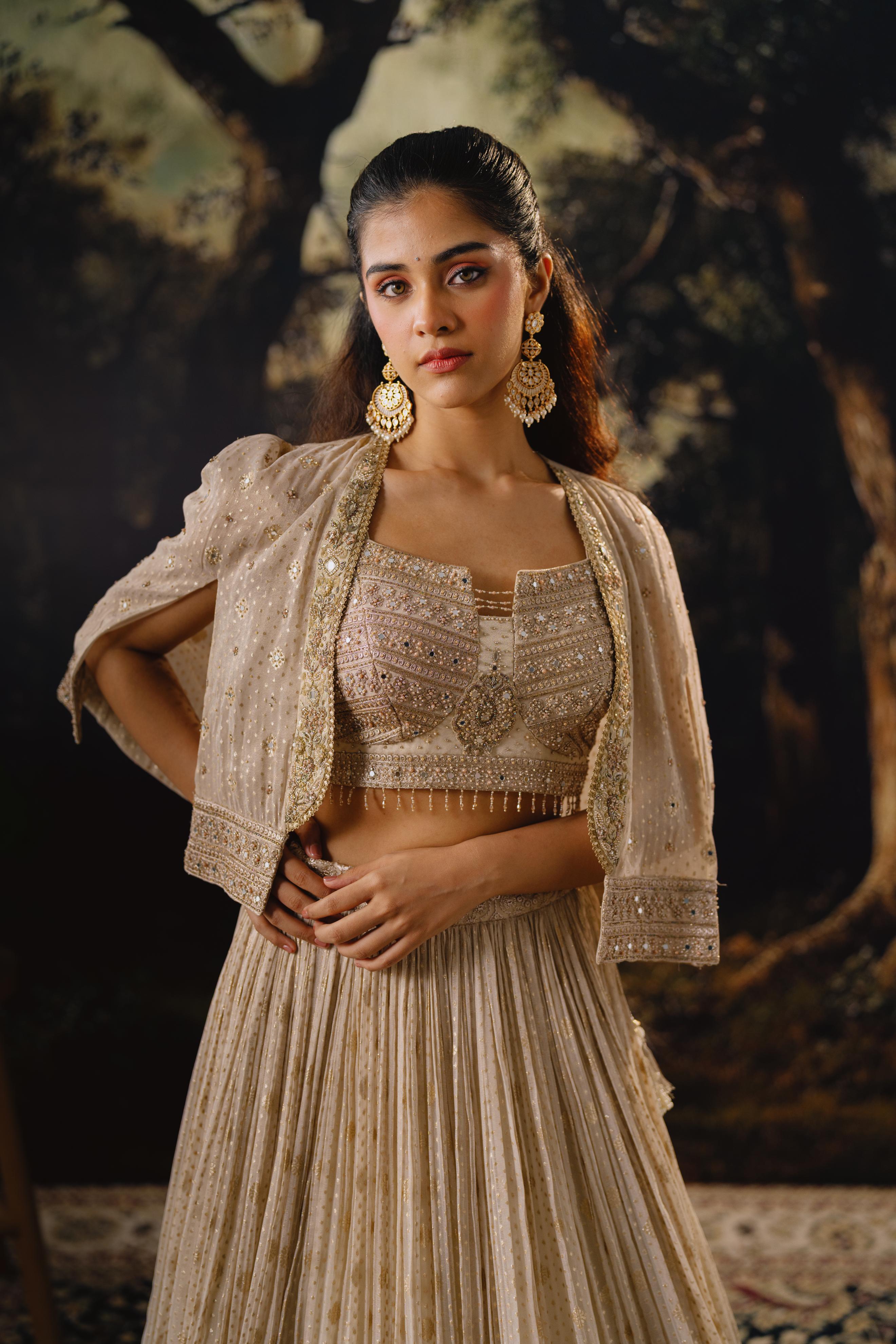 Champagne Embellished Lehenga Set with Short Cape