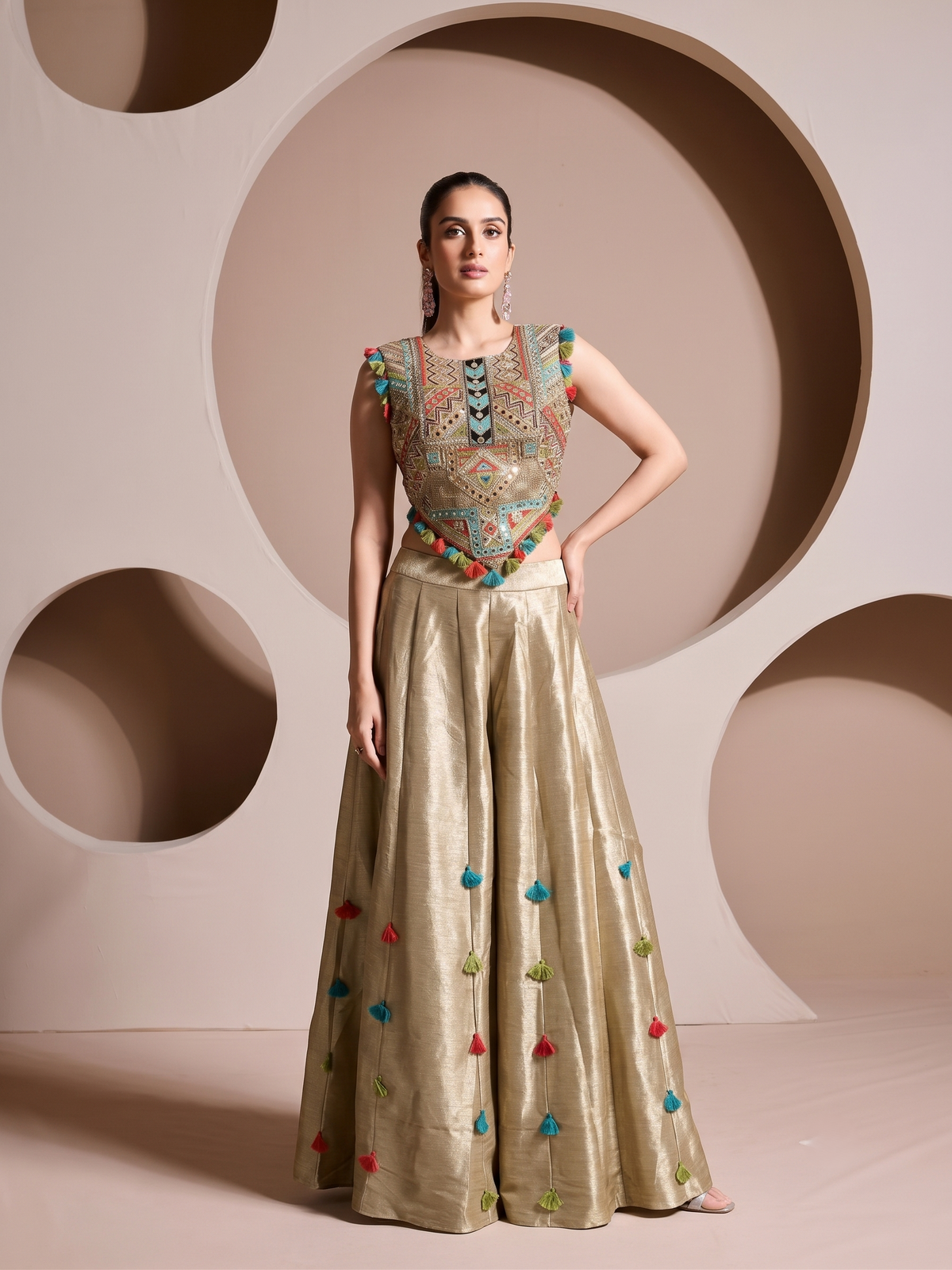 Metallic Gold Embellished Banarasi Silk Palazzo Set