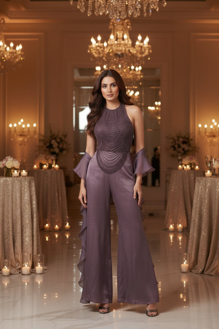 Light Mauve Embellished Crepe Silk Palazzo Set