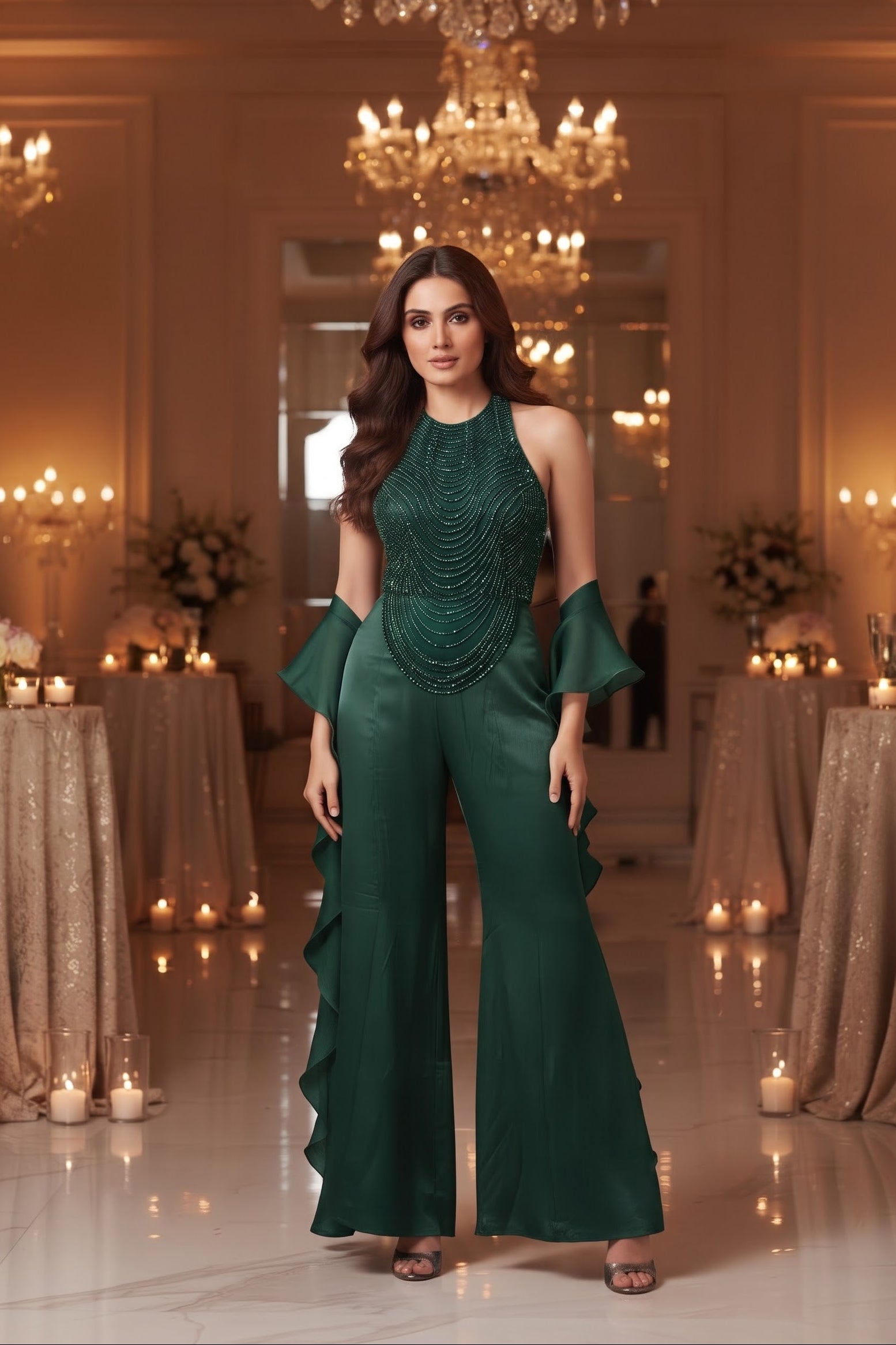 Dark Green Embellished Crepe Silk Palazzo Set