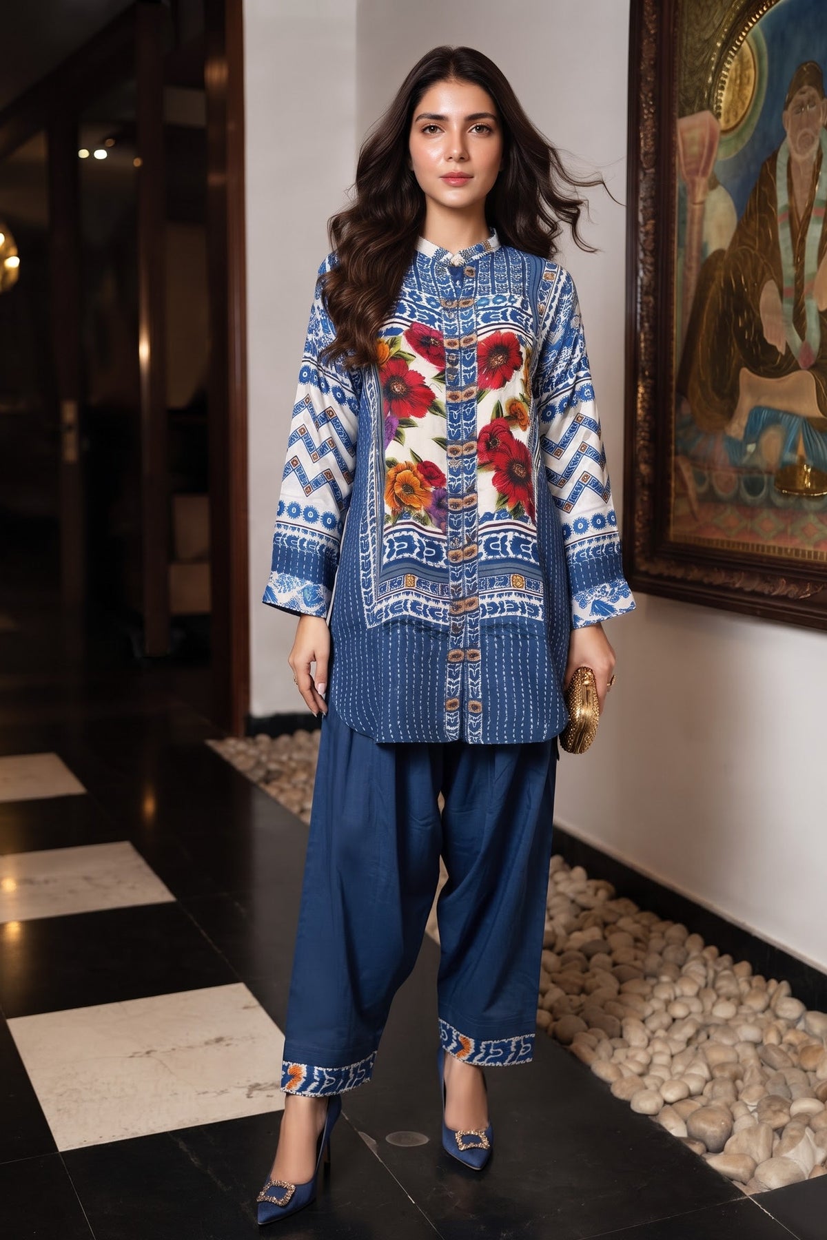 Sapphire Blue Printed Crepe Silk Salwar Set