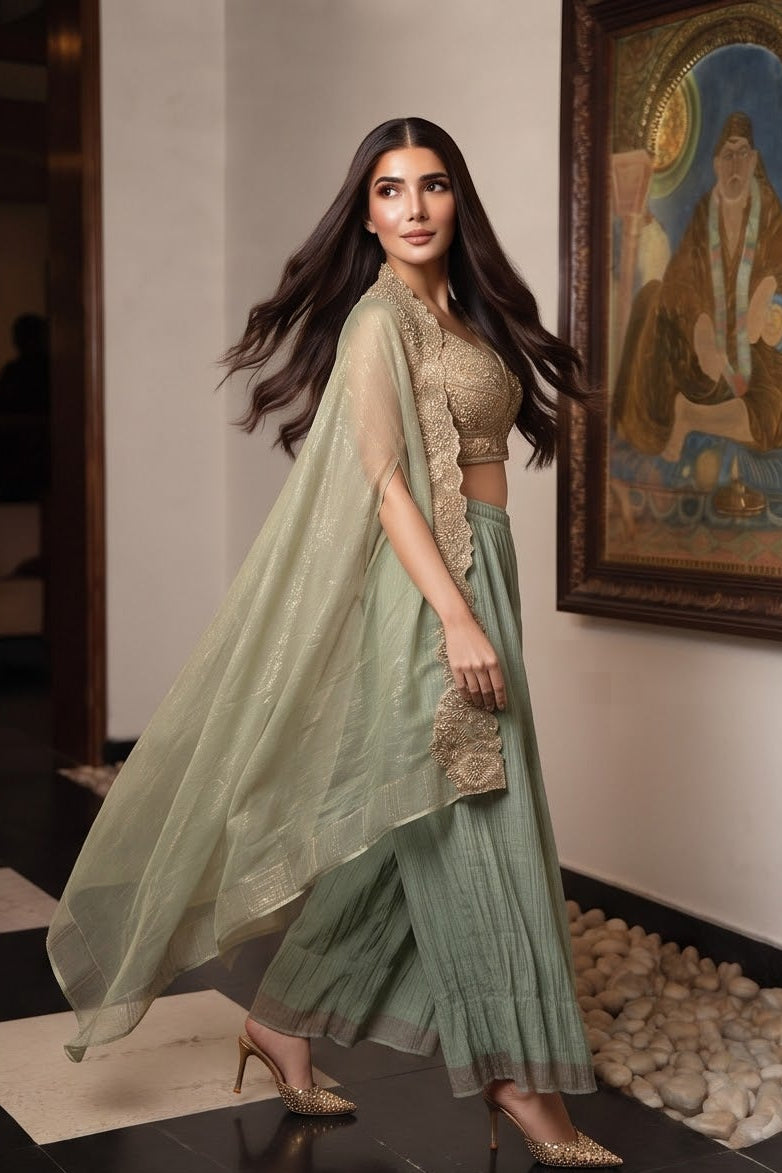 Sage Mist Embellished Shimmer Tissue Silk Cape Set