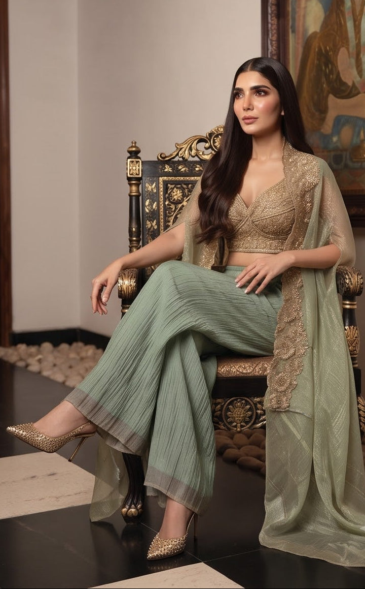 Sage Mist Embellished Shimmer Tissue Silk Cape Set