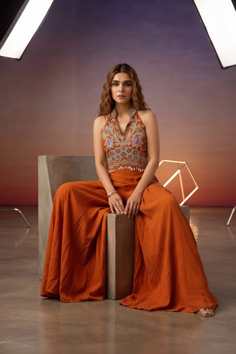 Zest Orange Embellished Crepe Silk Jumpsuit