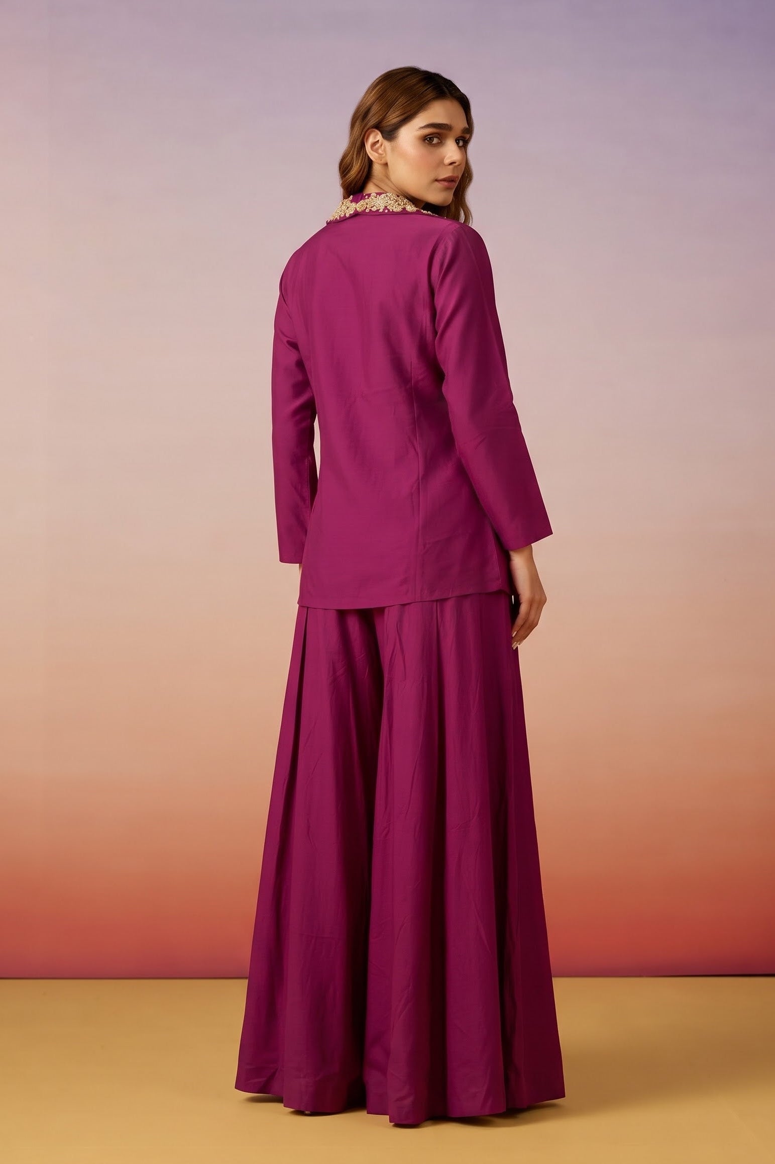 Deep Wine Embellished Dola Silk Palazzo Set