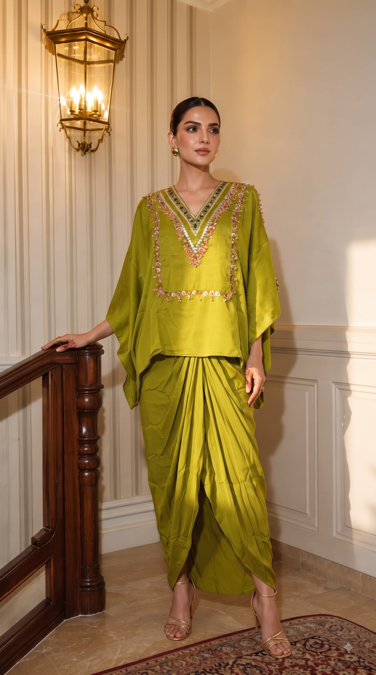 Light Green Embellished Crepe Silk Skirt Set