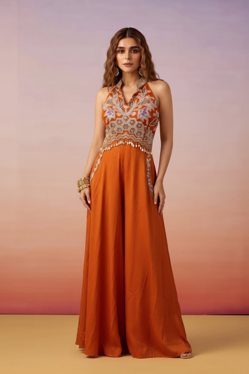 Zest Orange Embellished Crepe Silk Jumpsuit