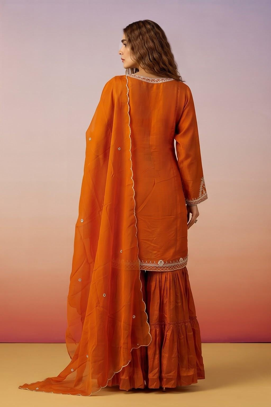 Saffron Orange Embellished Chinon Silk Sharara Set