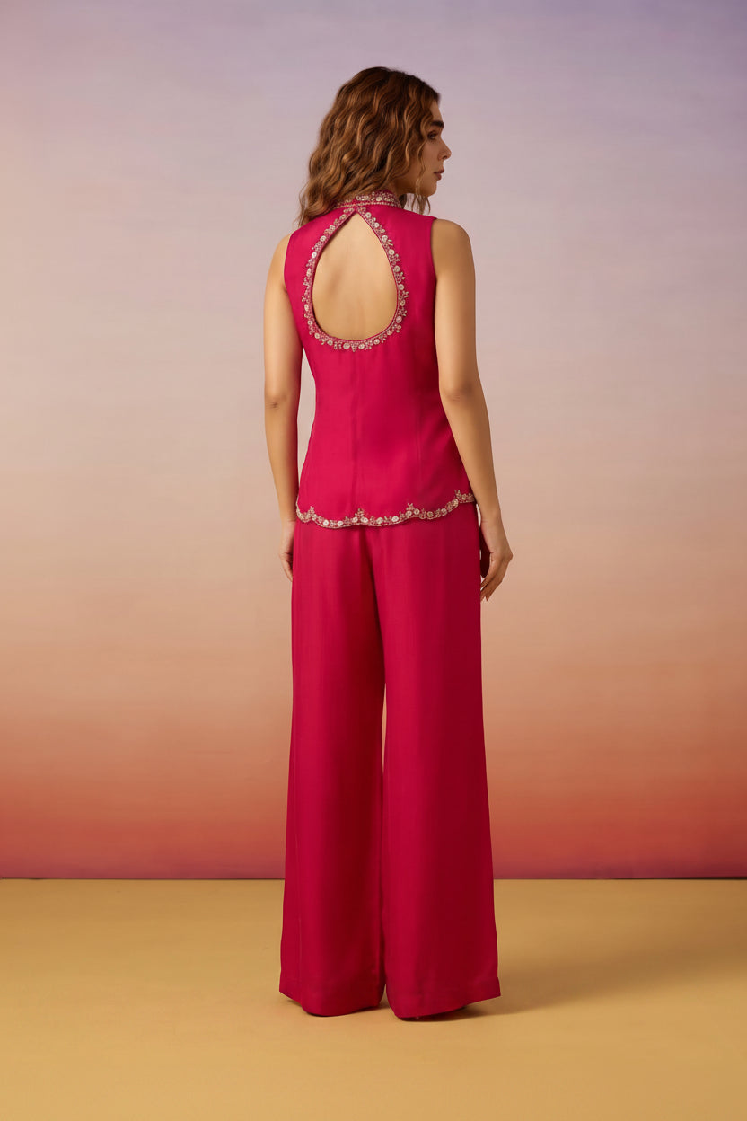Deep Pink Embellished Georgette Silk Palazzo Set