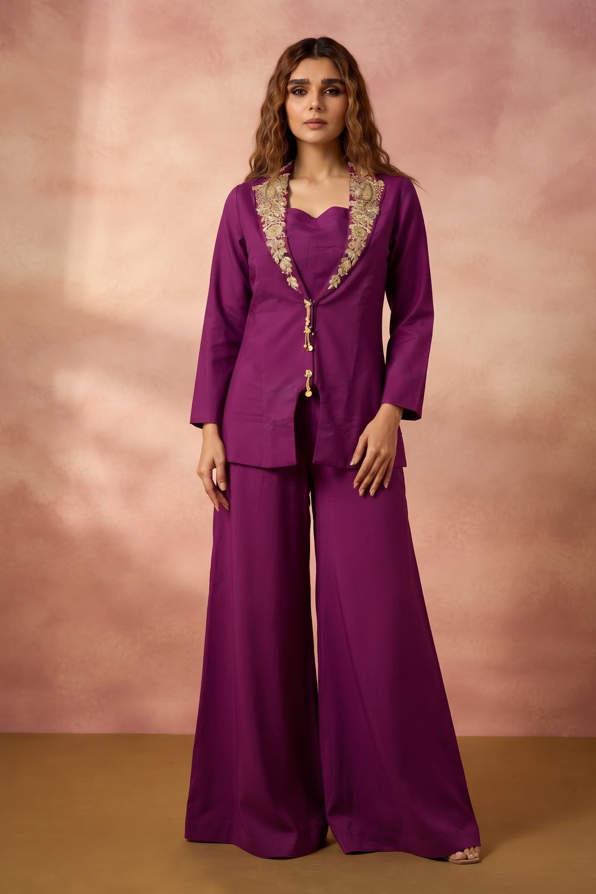 Deep Wine Embellished Dola Silk Palazzo Set