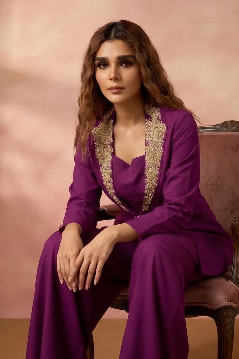 Deep Wine Embellished Dola Silk Palazzo Set