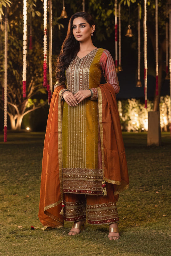 Multicolor Embellished Shimmer Tissue Silk Pant Set