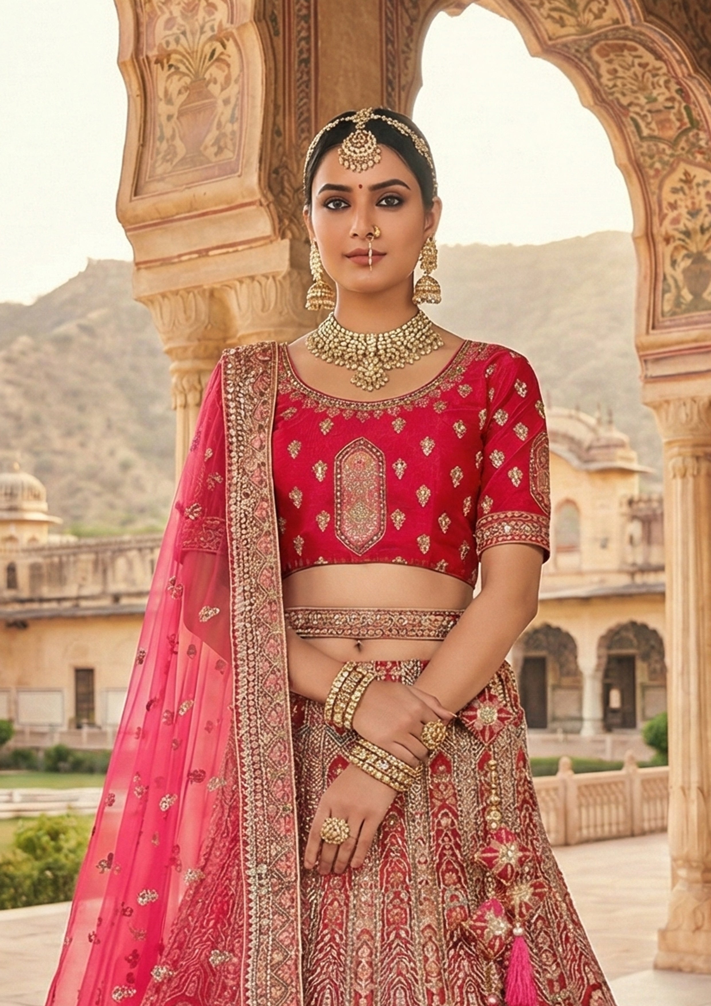 Rani Red Embellished Premium Velvet Lehenga Set