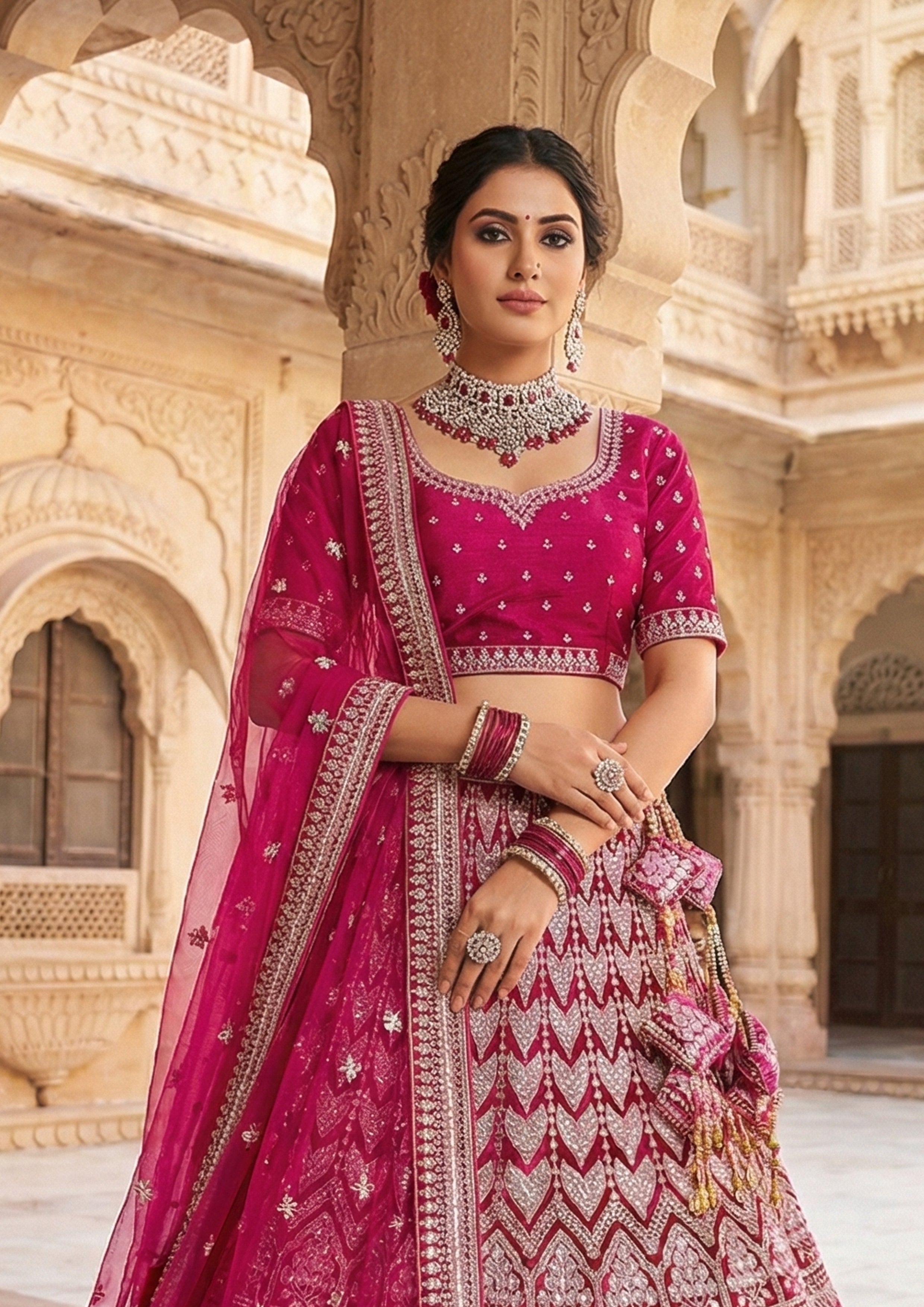 Rani Pink Embellished Premium Velvet Lehenga Set