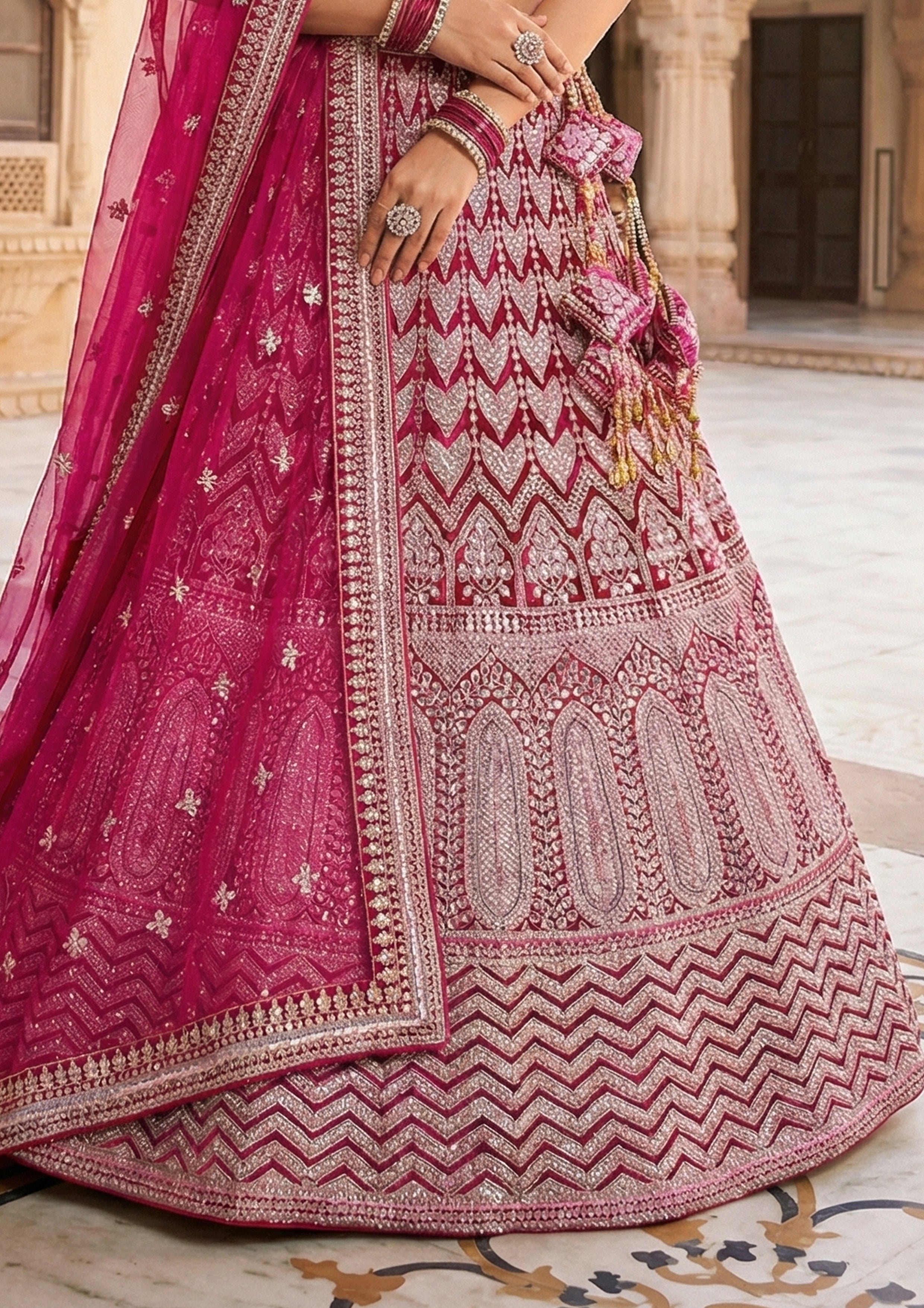 Rani Pink Embellished Premium Velvet Lehenga Set