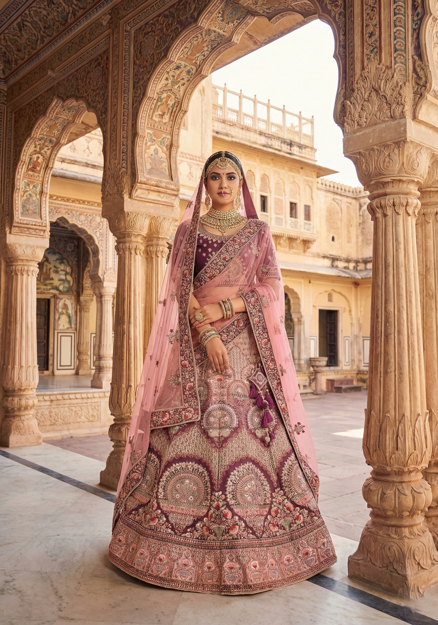 Maroon Pink Embellished Premium Velvet Lehenga Set