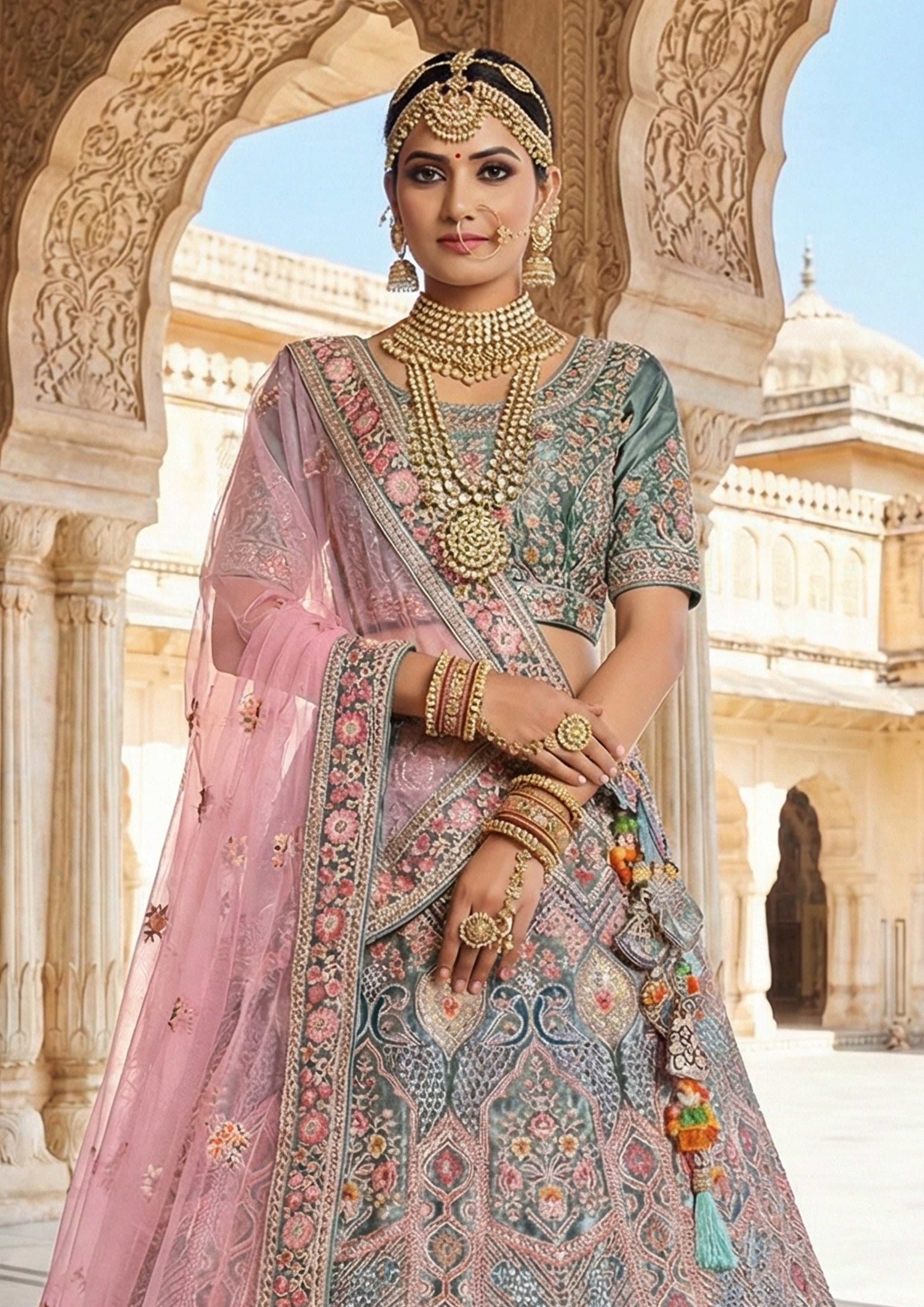 Teal Blush Embellished Premium Velvet Lehenga Set