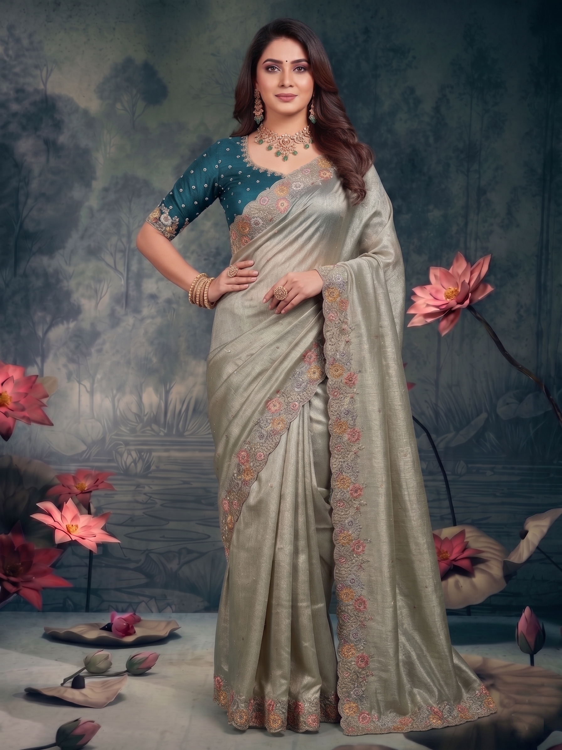 Silver Mist Embellished Tissue Silk Saree