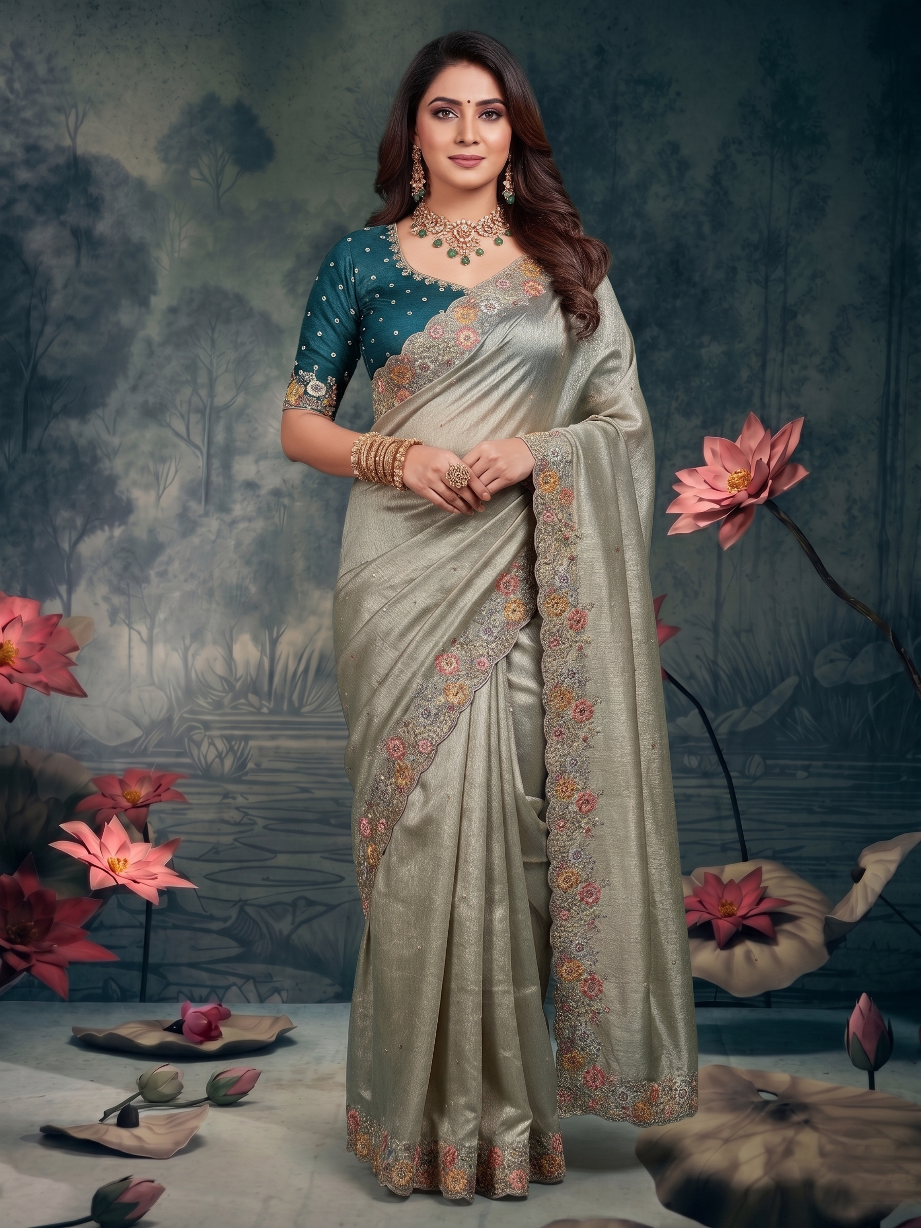 Silver Mist Embellished Tissue Silk Saree