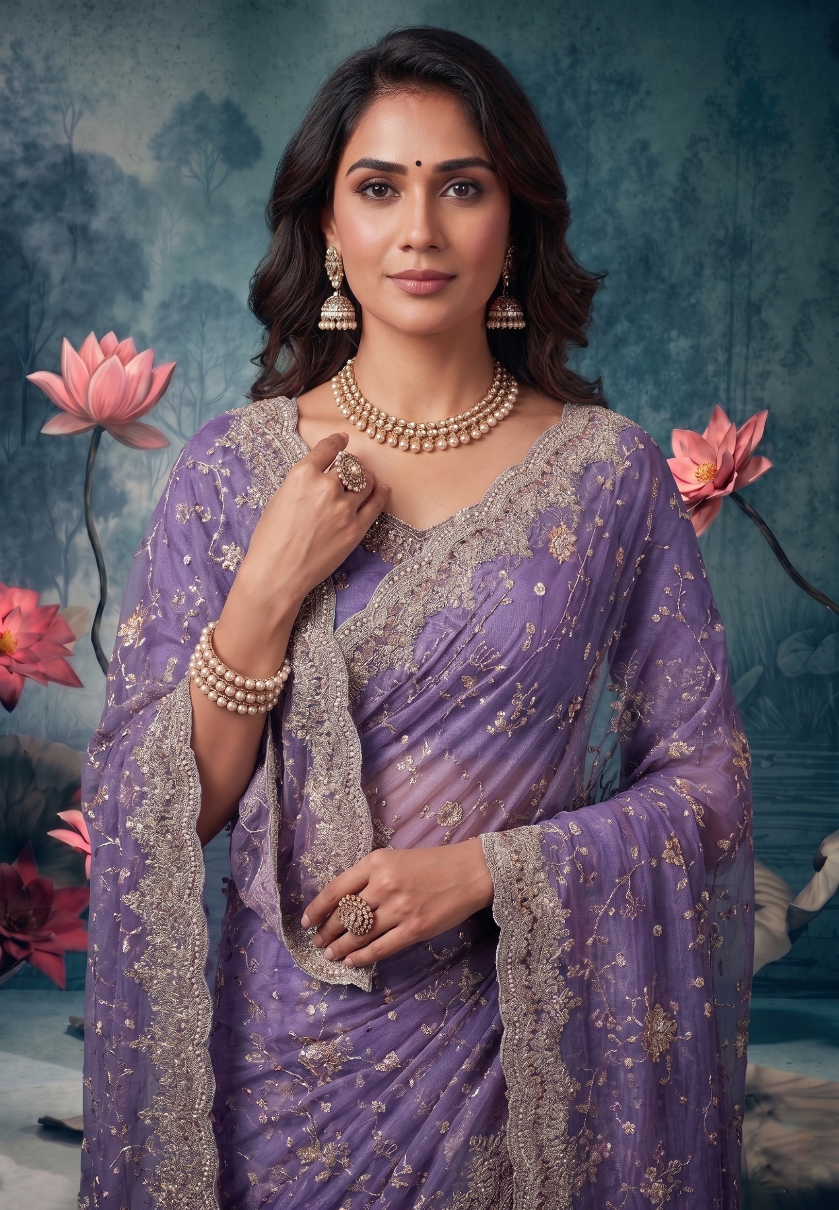 Lavish Lavender Embellished Premium Net Saree