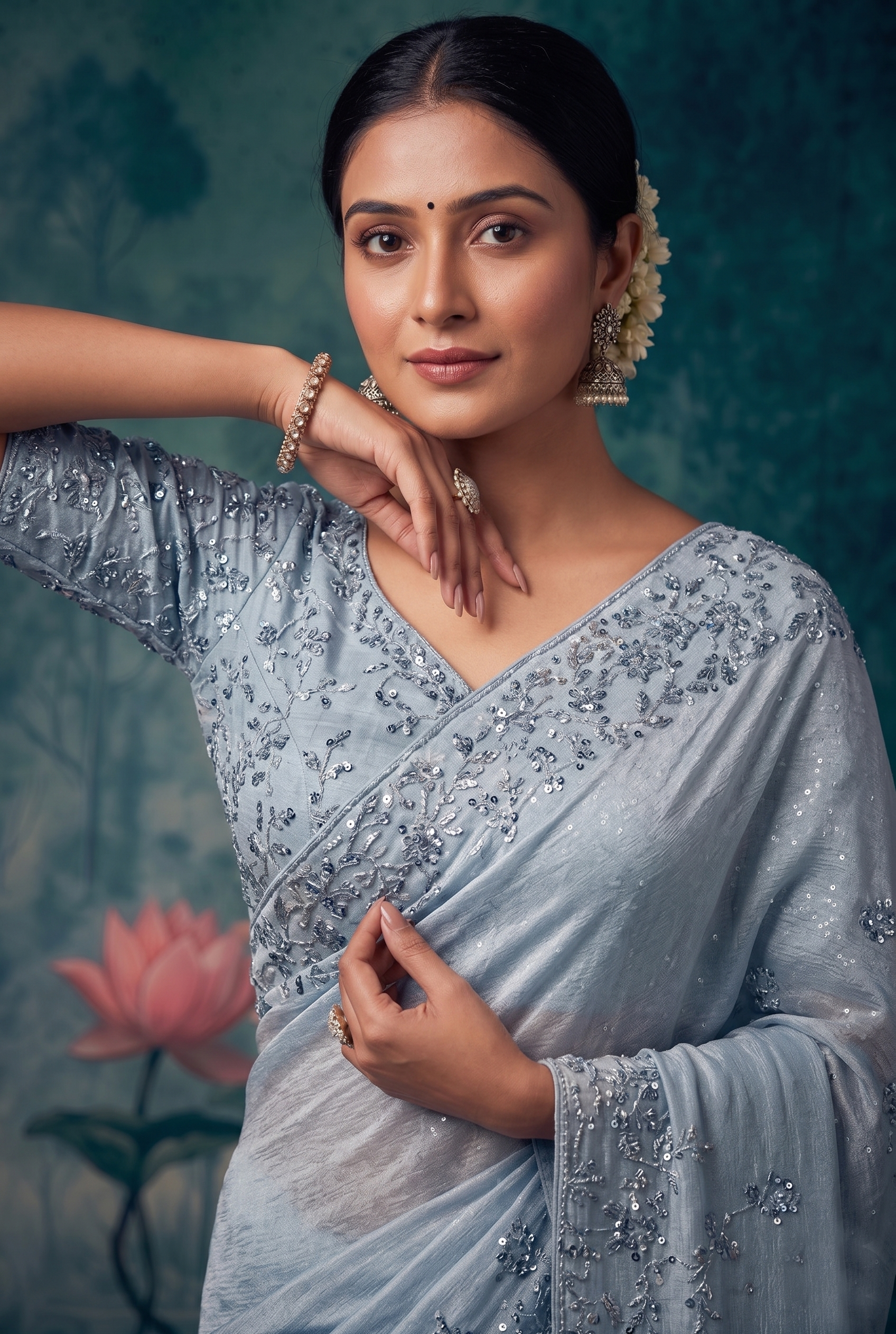 Icy Blue Embellished Organza Tissue Silk Saree