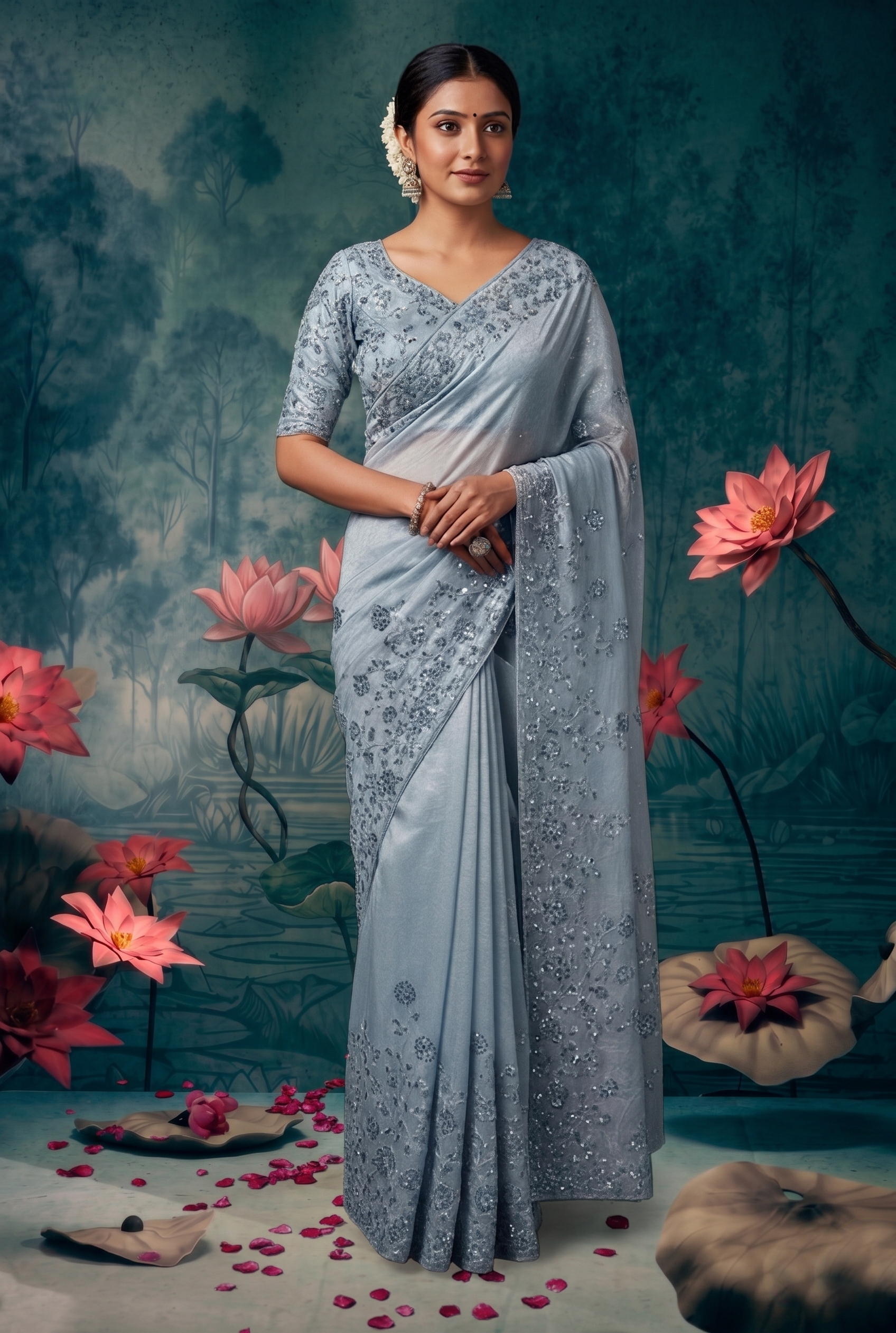 Icy Blue Embellished Organza Tissue Silk Saree