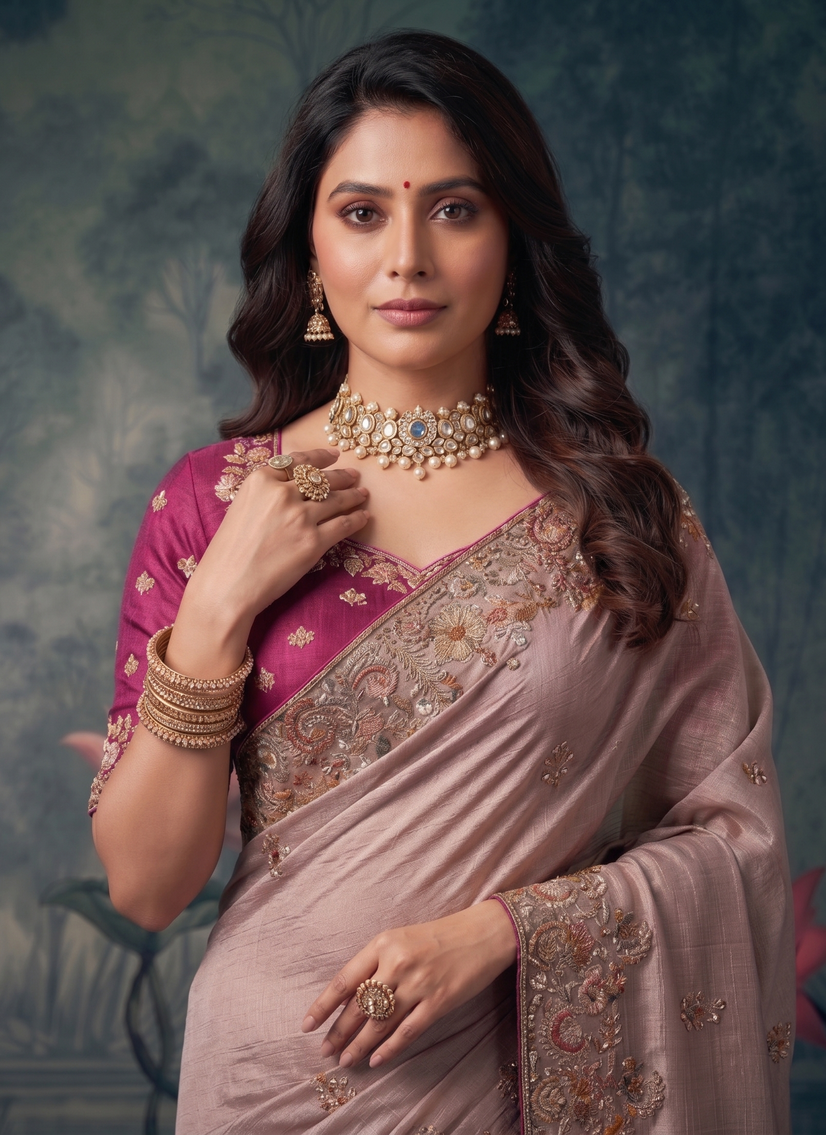 Mauve Dust Embellished Tissue Silk Saree