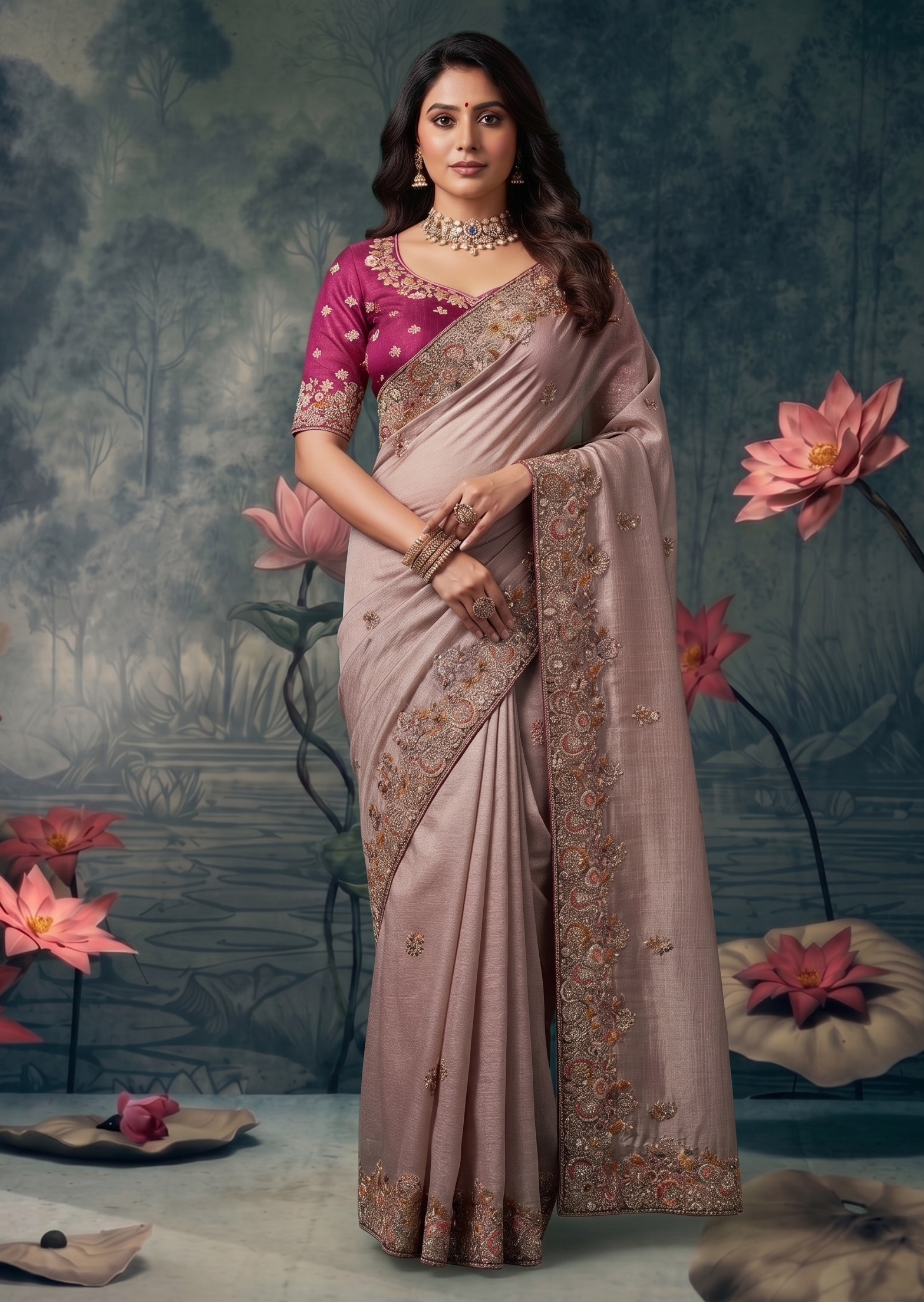 Mauve Dust Embellished Tissue Silk Saree