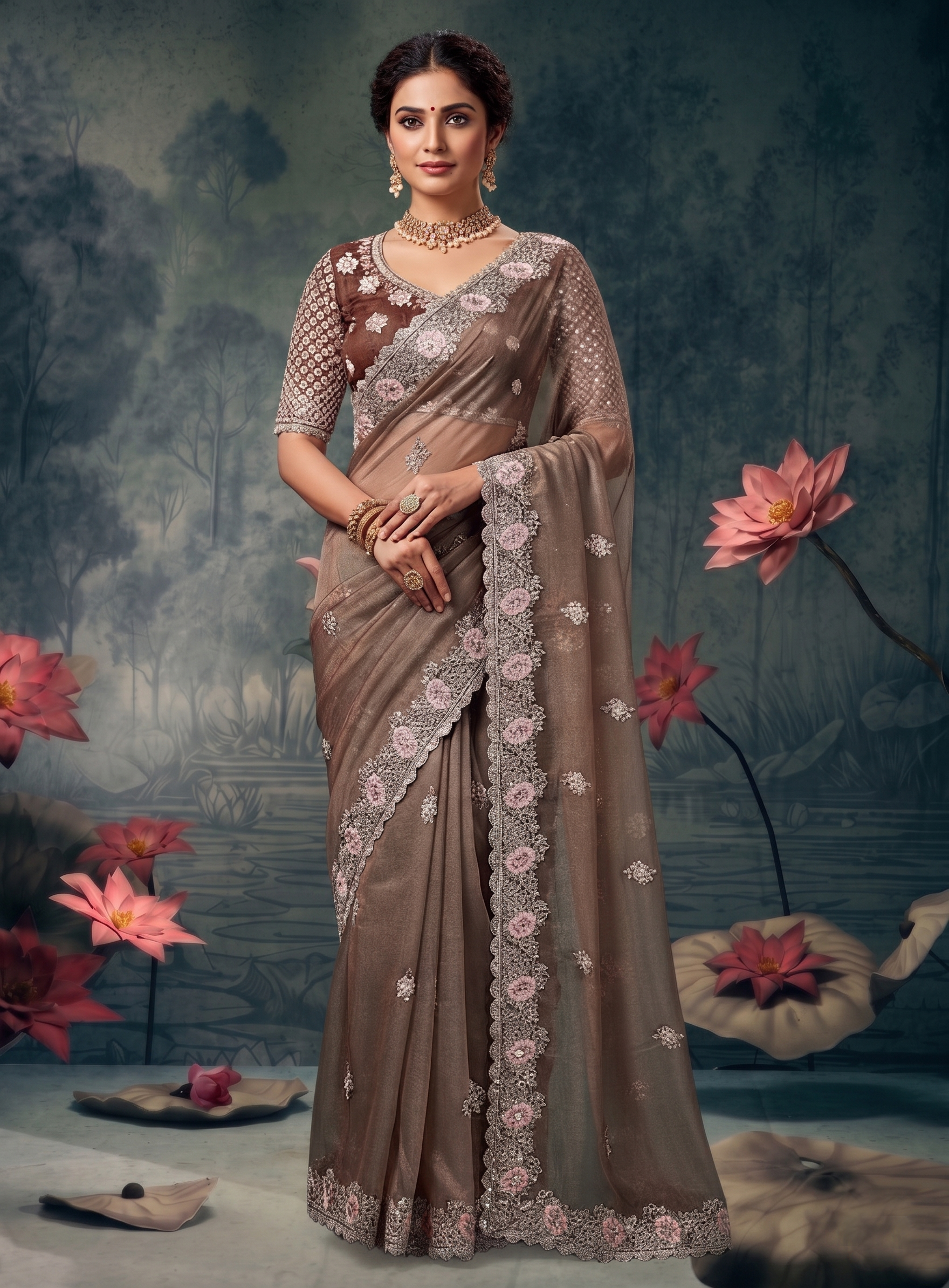 Mocha Flora Embellished Organza Tissue Silk Saree