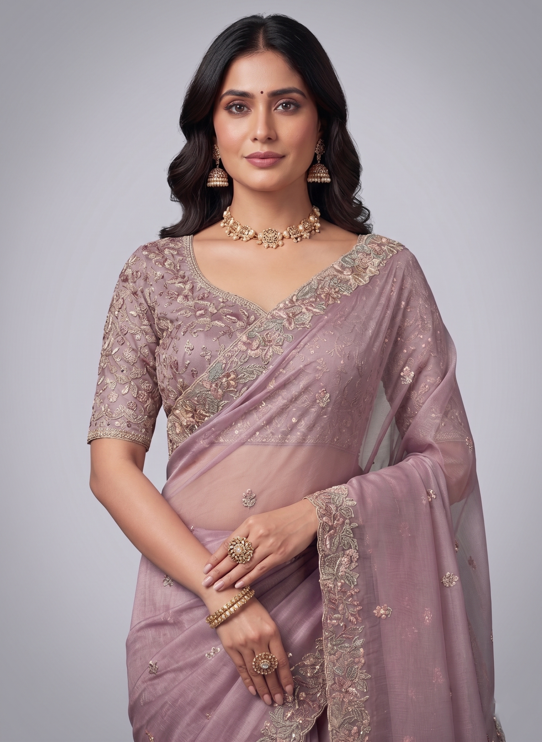 Pastel Orchid Embellished Organza Silk Saree