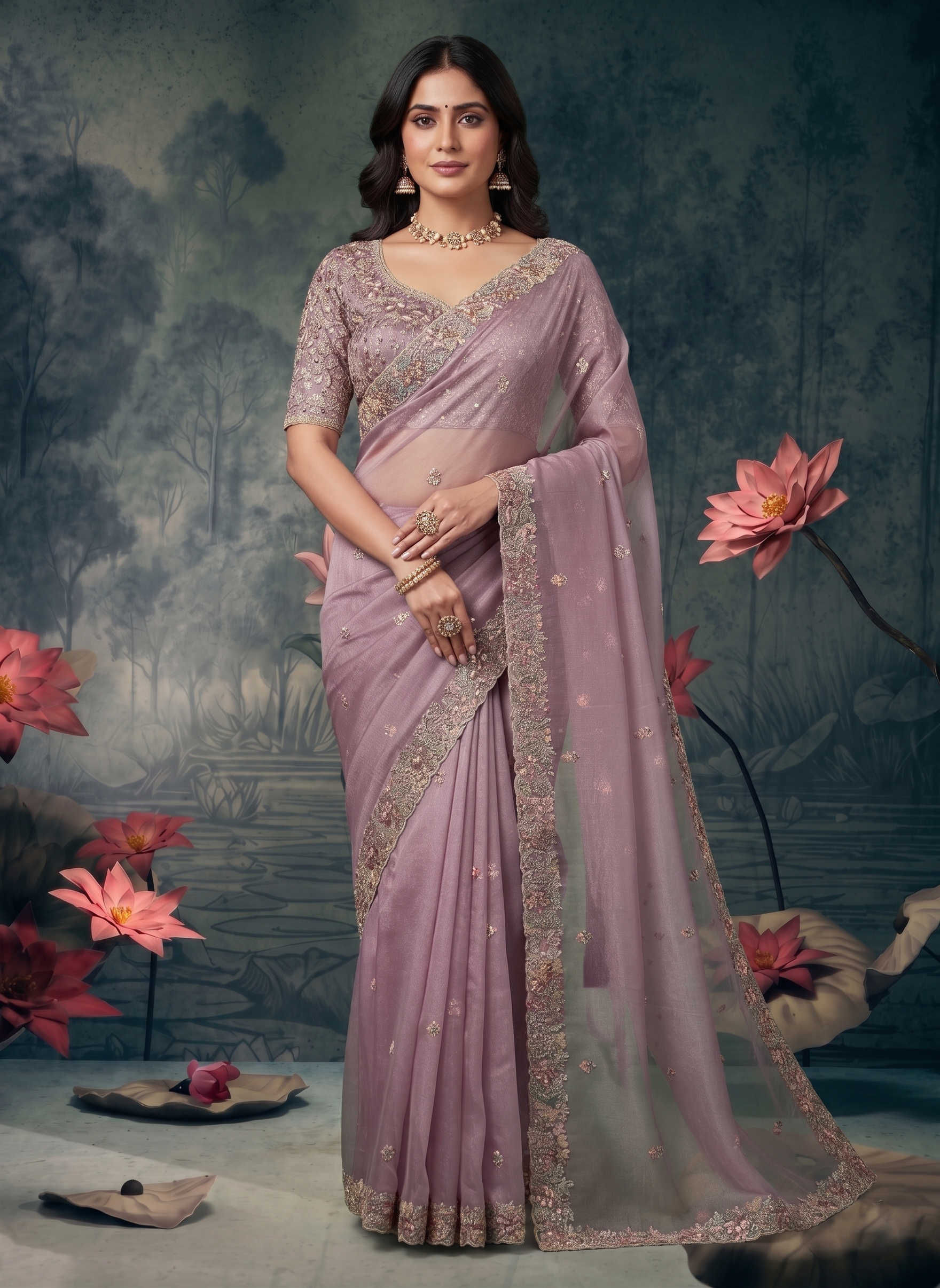 Pastel Orchid Embellished Organza Silk Saree