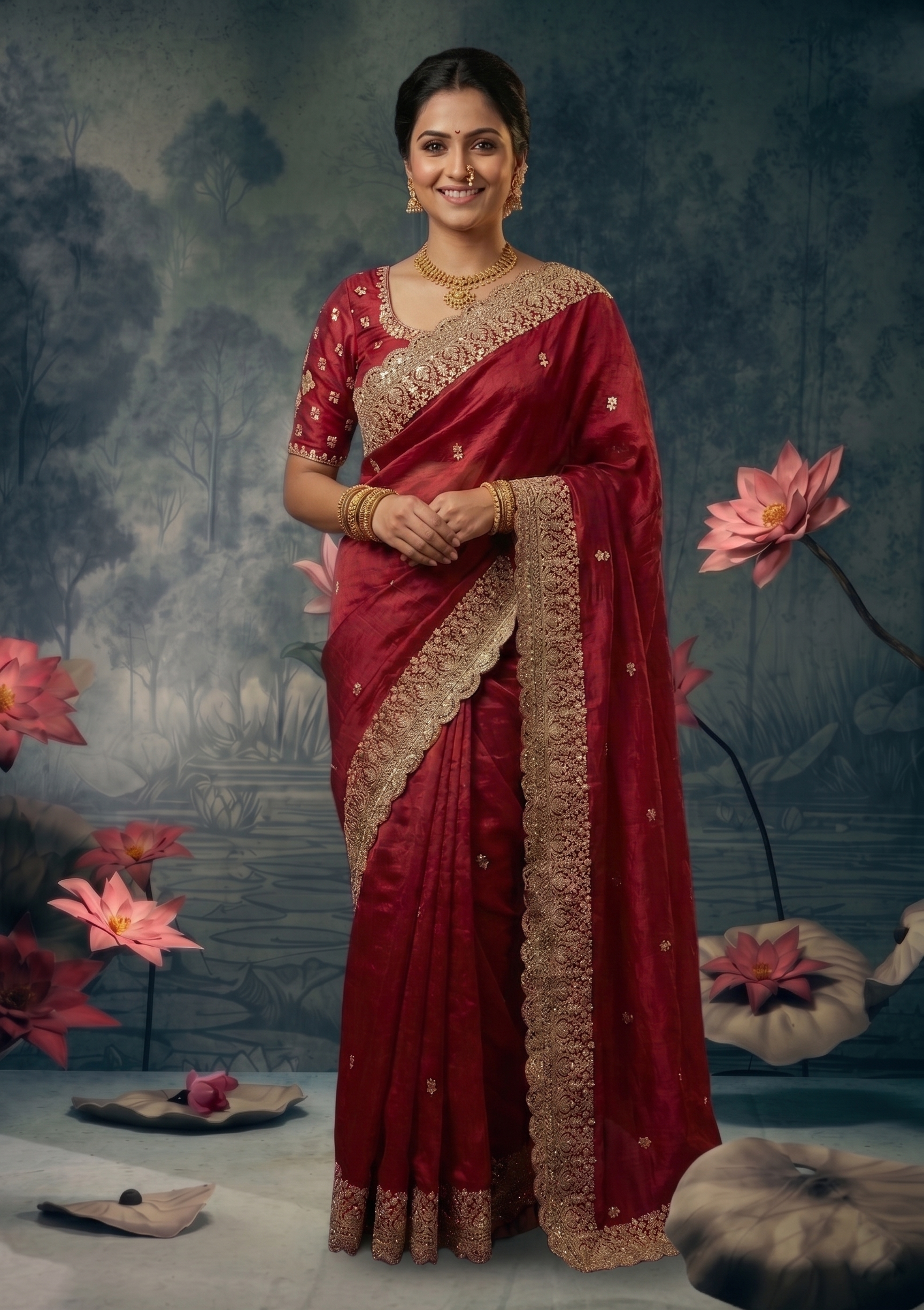 Crimson Heritage Embellished Satin Silk Saree