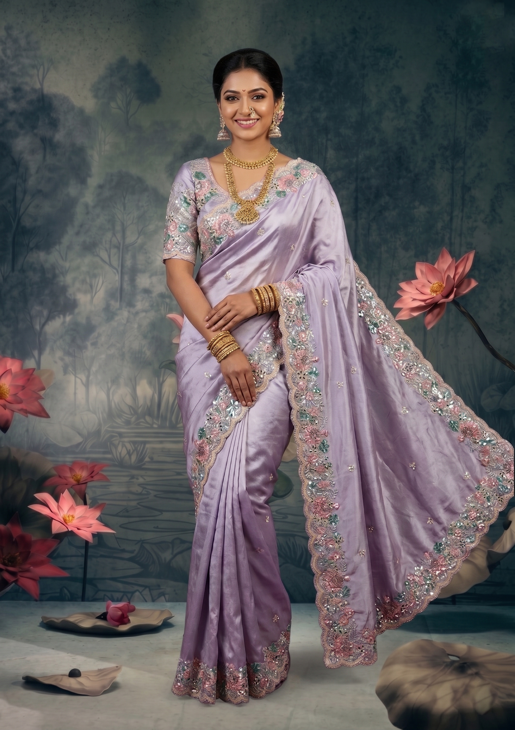Flora Lilac Embellished Satin Silk Saree