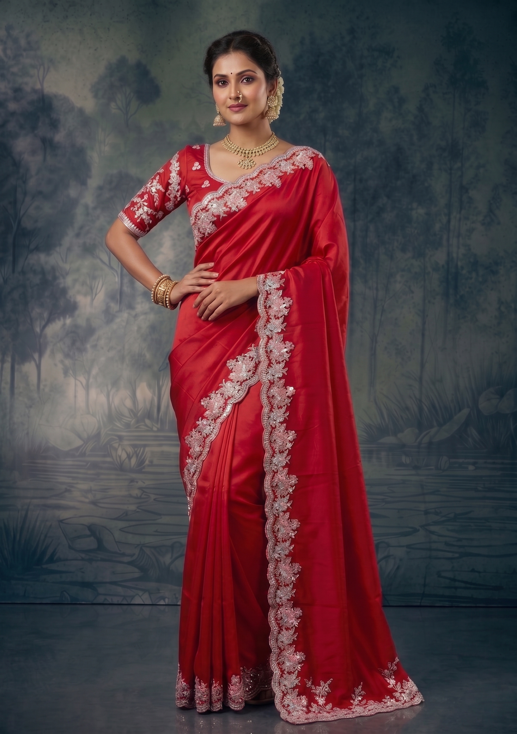 Scarlet Red Embellished Satin Silk Saree