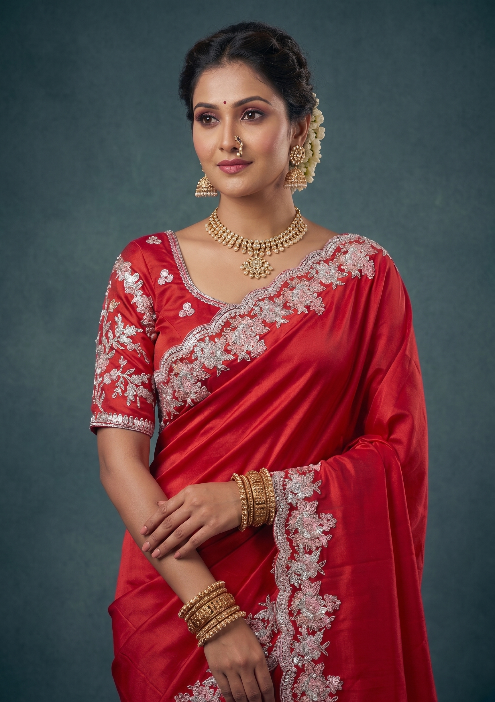 Scarlet Red Embellished Satin Silk Saree