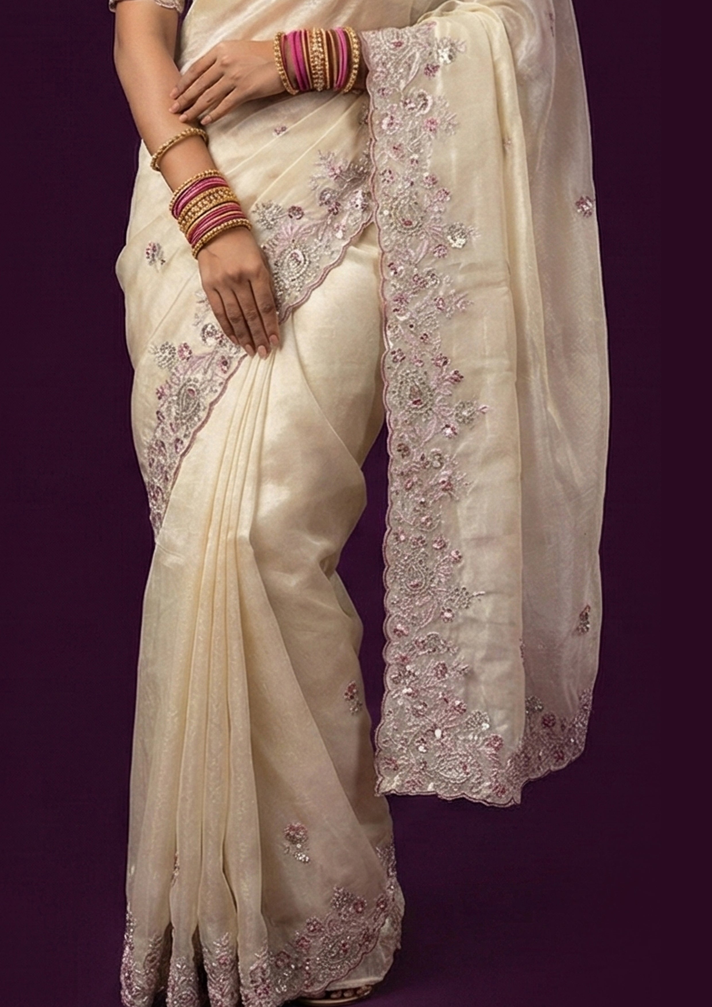 Soft Champagne Embellished Shimmer Tissue Silk Saree