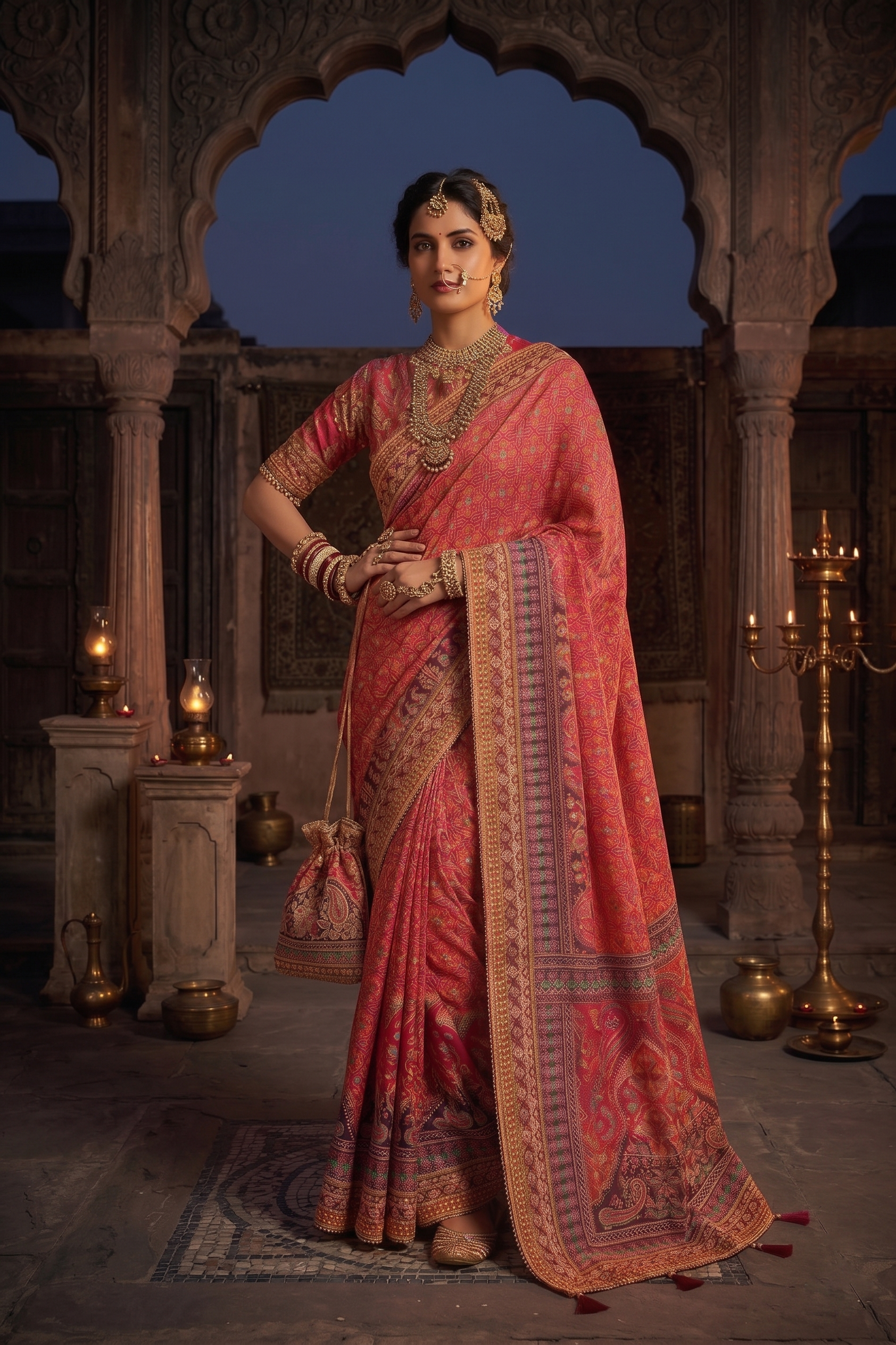 Pink Geometric Printed Crepe Silk Saree