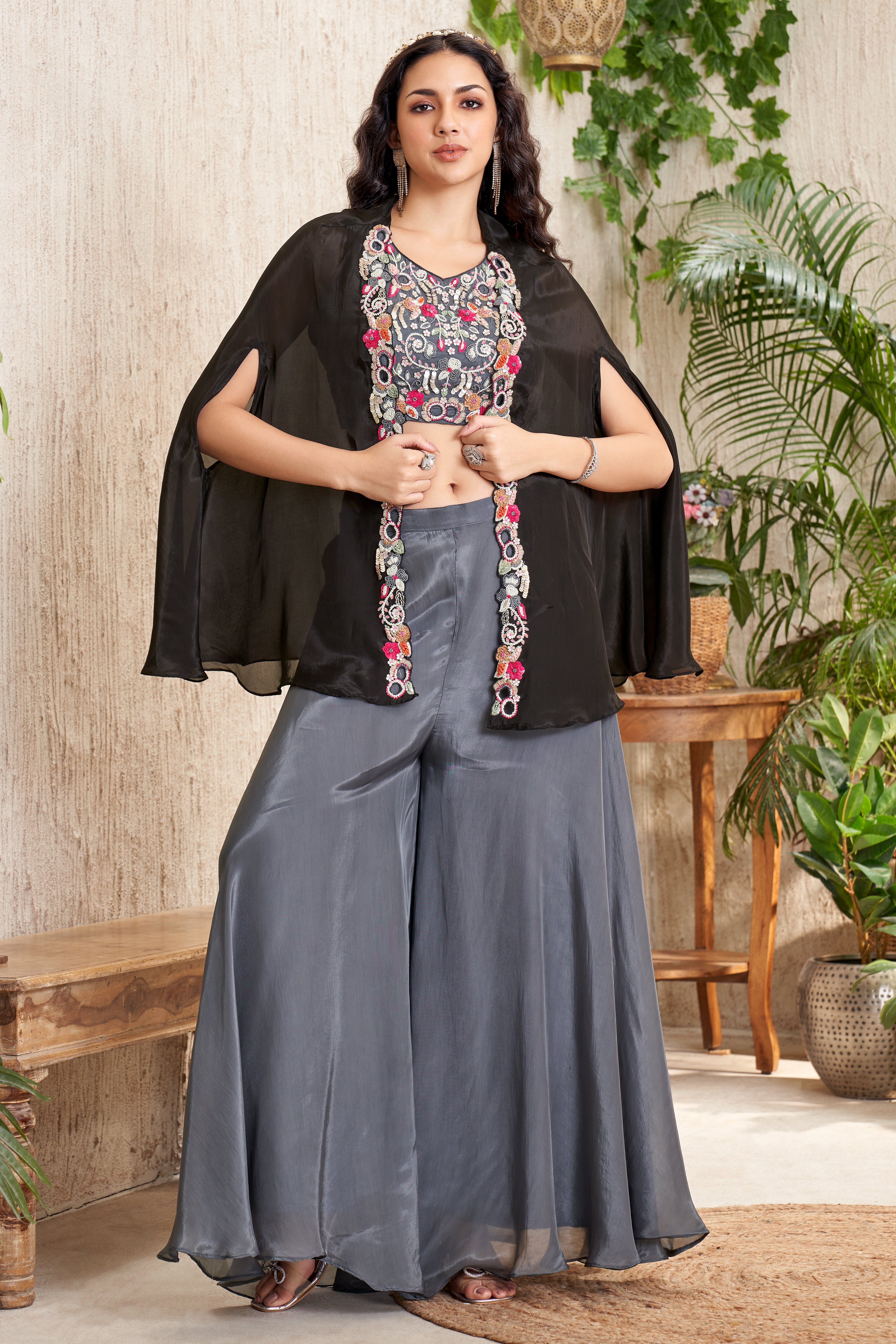 Smoky Grey Embellished Crepe Silk Cape Set