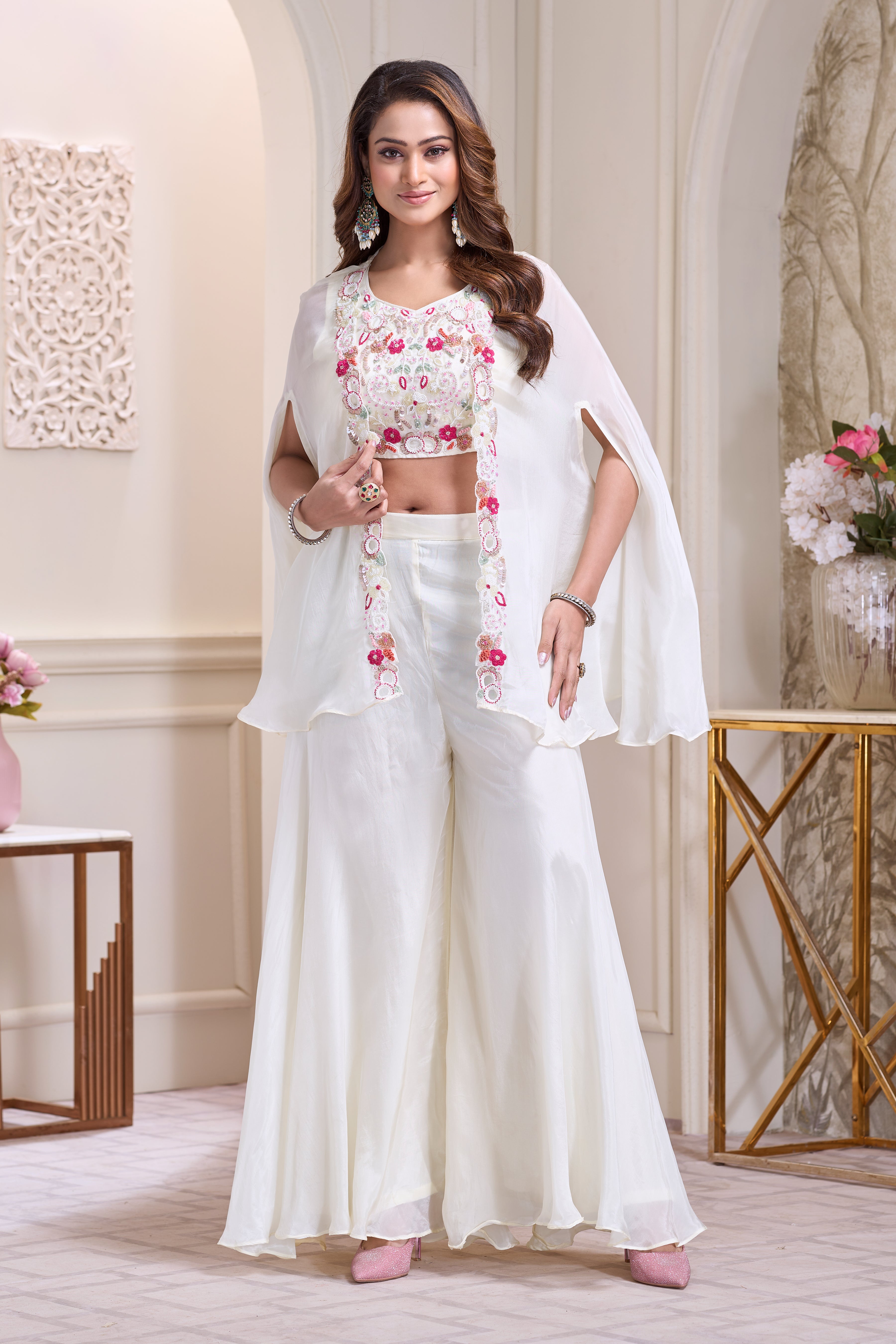 Ivory White Embellished Crepe Silk Cape Set