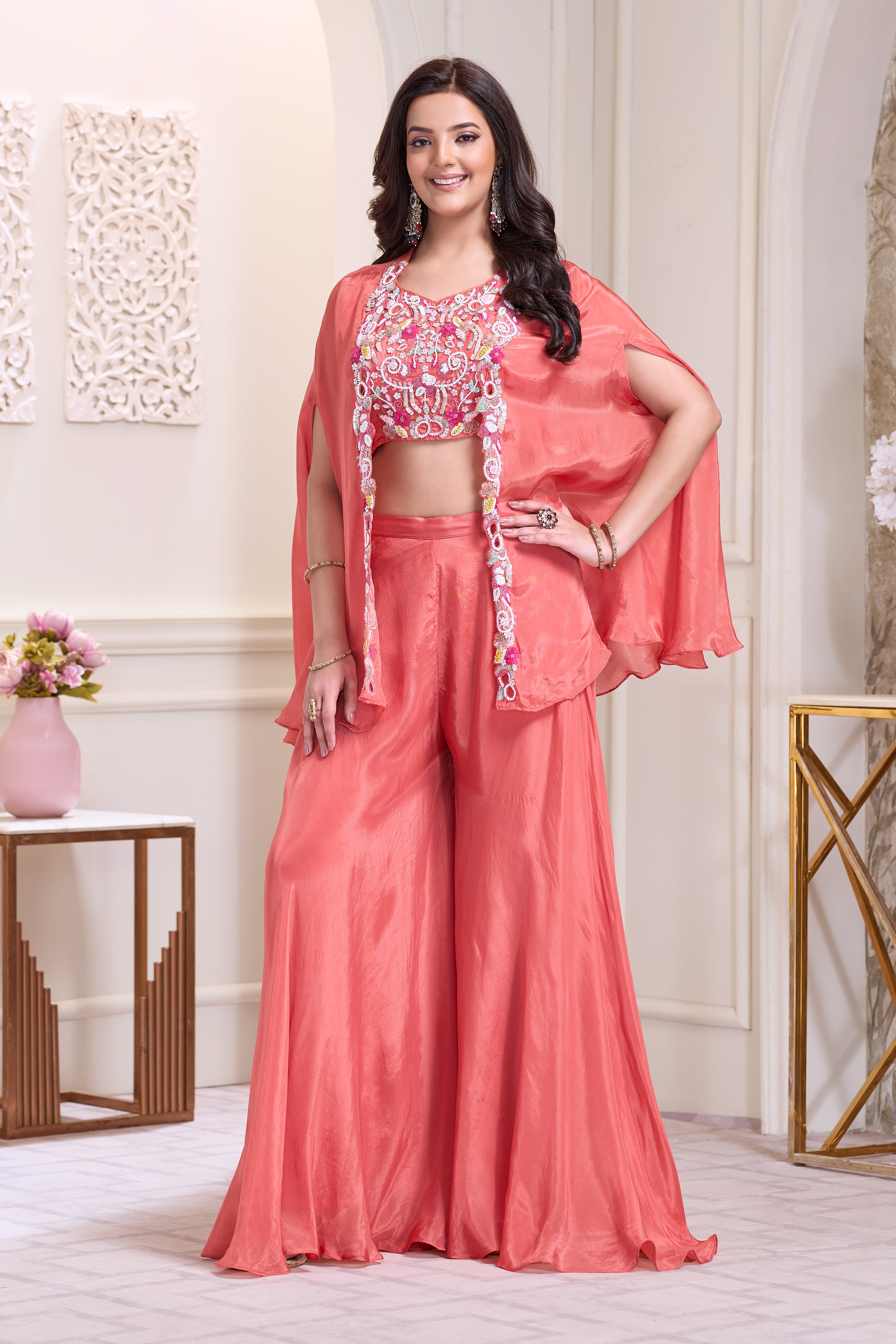 Tropical Coral Embellished Crepe Silk Cape Set