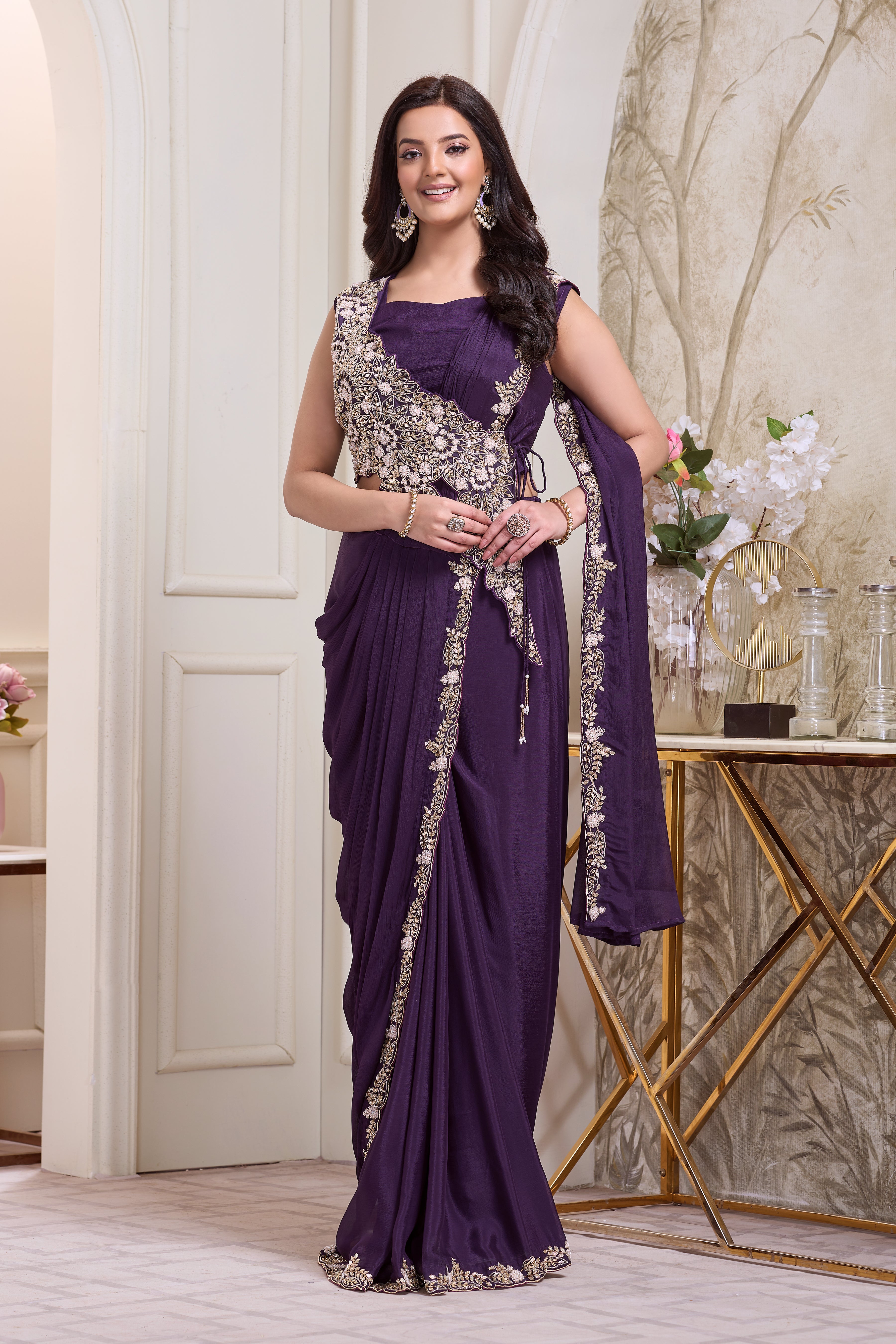 Royal Purple Embellished Chinon Silk Drape Saree